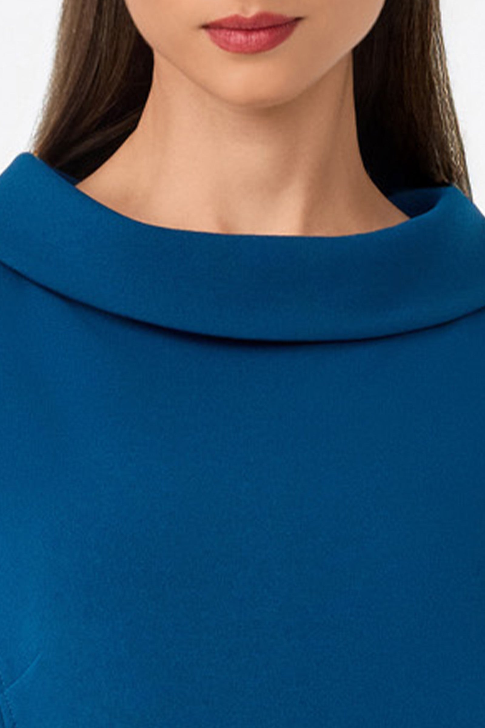 A woman with straight brown hair models the Maleko Dress; only her lower face, neck, and upper chest are visible.