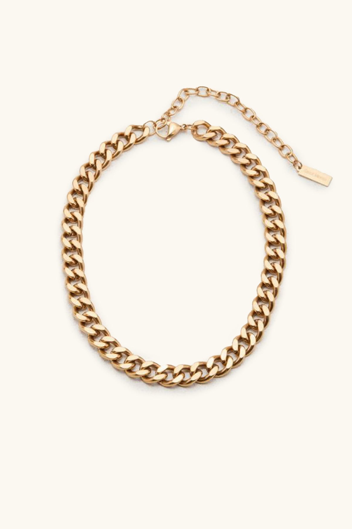 The Alize Necklace is a gold chain featuring thick, interlocking links and an adjustable clasp, showcased on a simple light background.