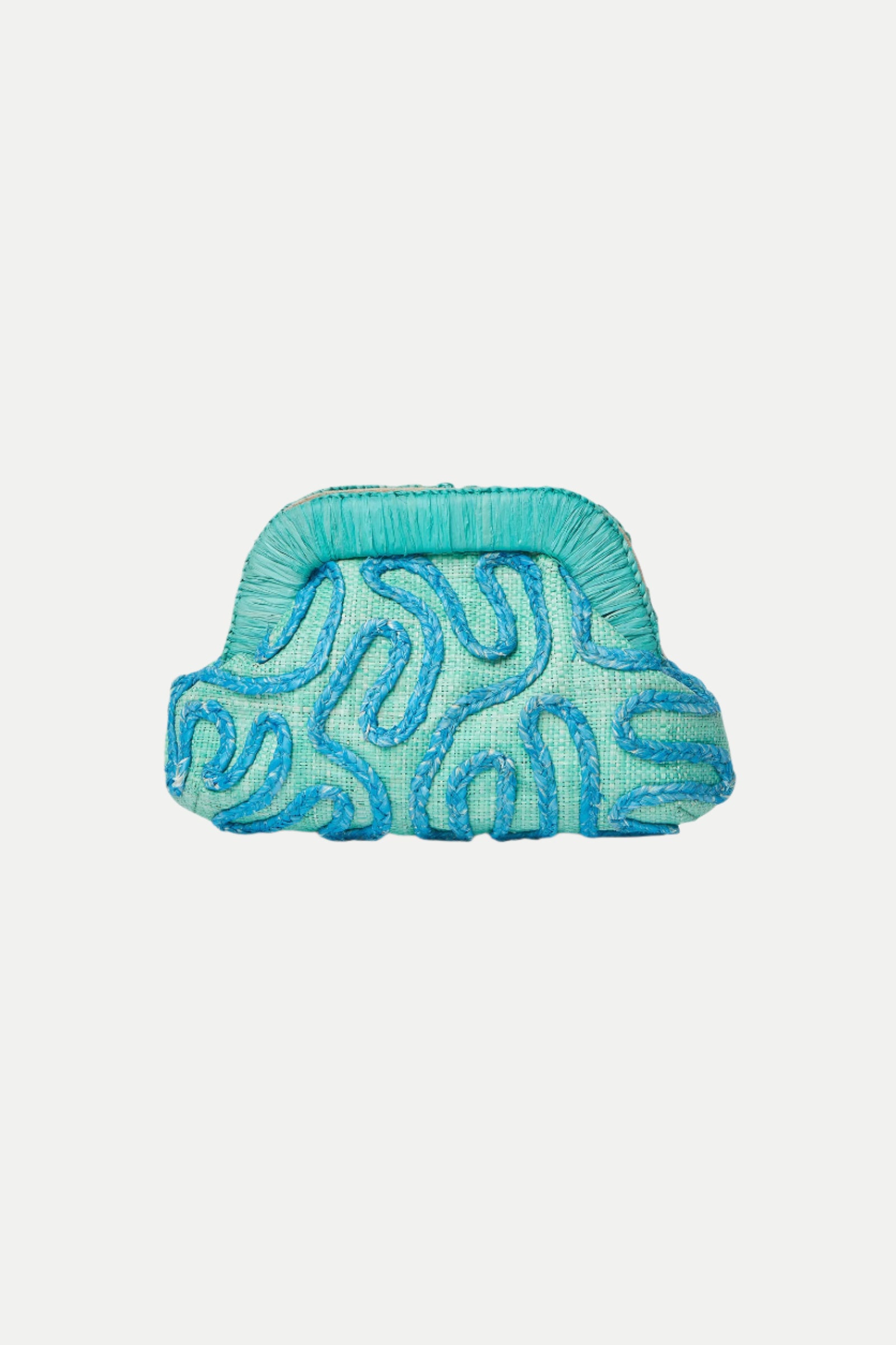 The Neomi Turquoise Raffia Embroidered Clutch features a rectangular silhouette with textured, wavy blue and green patterns reminiscent of coral, a sculpted top edge, and a vibrant ocean-inspired turquoise design.