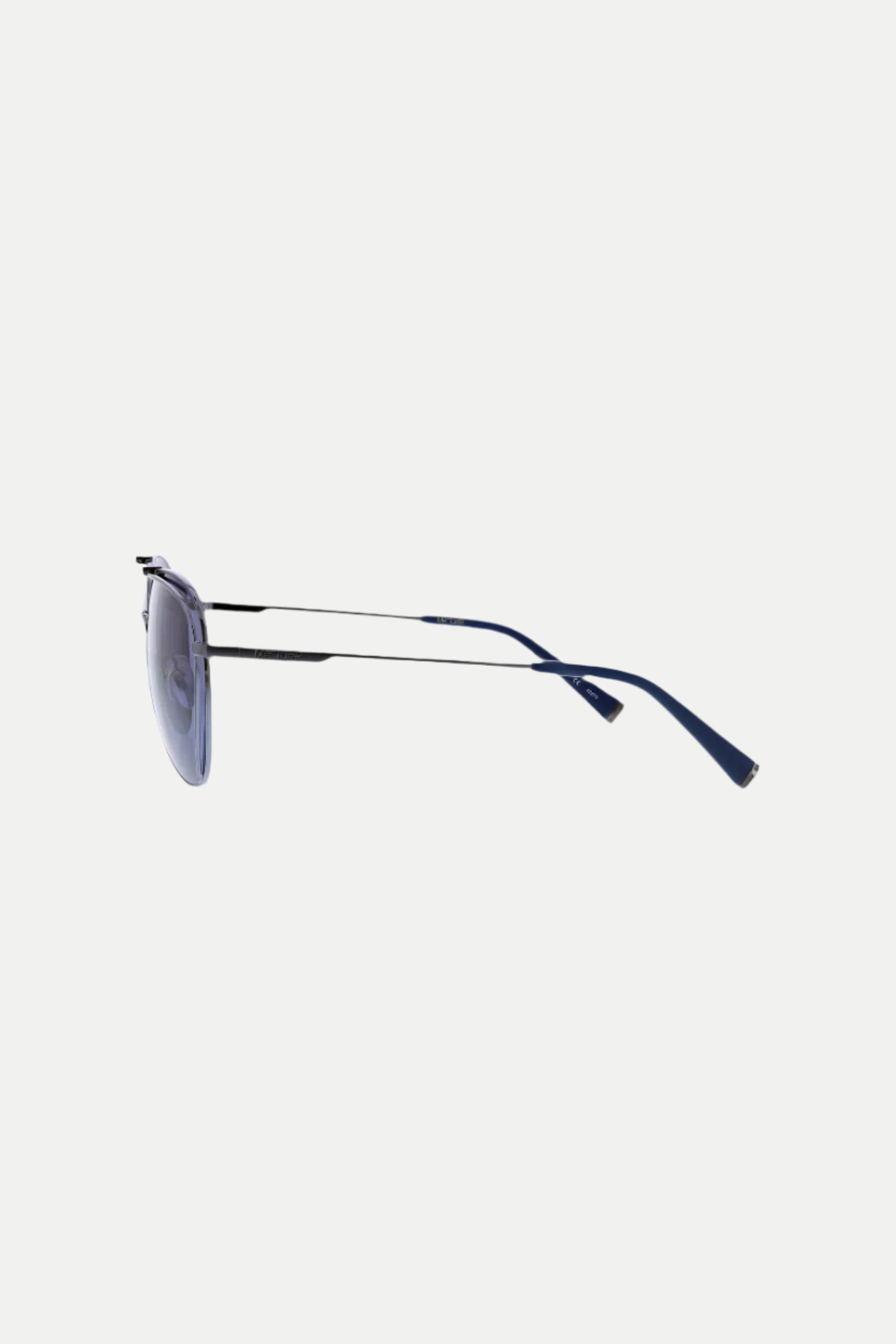 The MRT Otto Metal Frame Aviator Sunglasses feature thin, dark metal frames, blue-tinted lenses, and blue temple tips, shown from the side against a white background.
