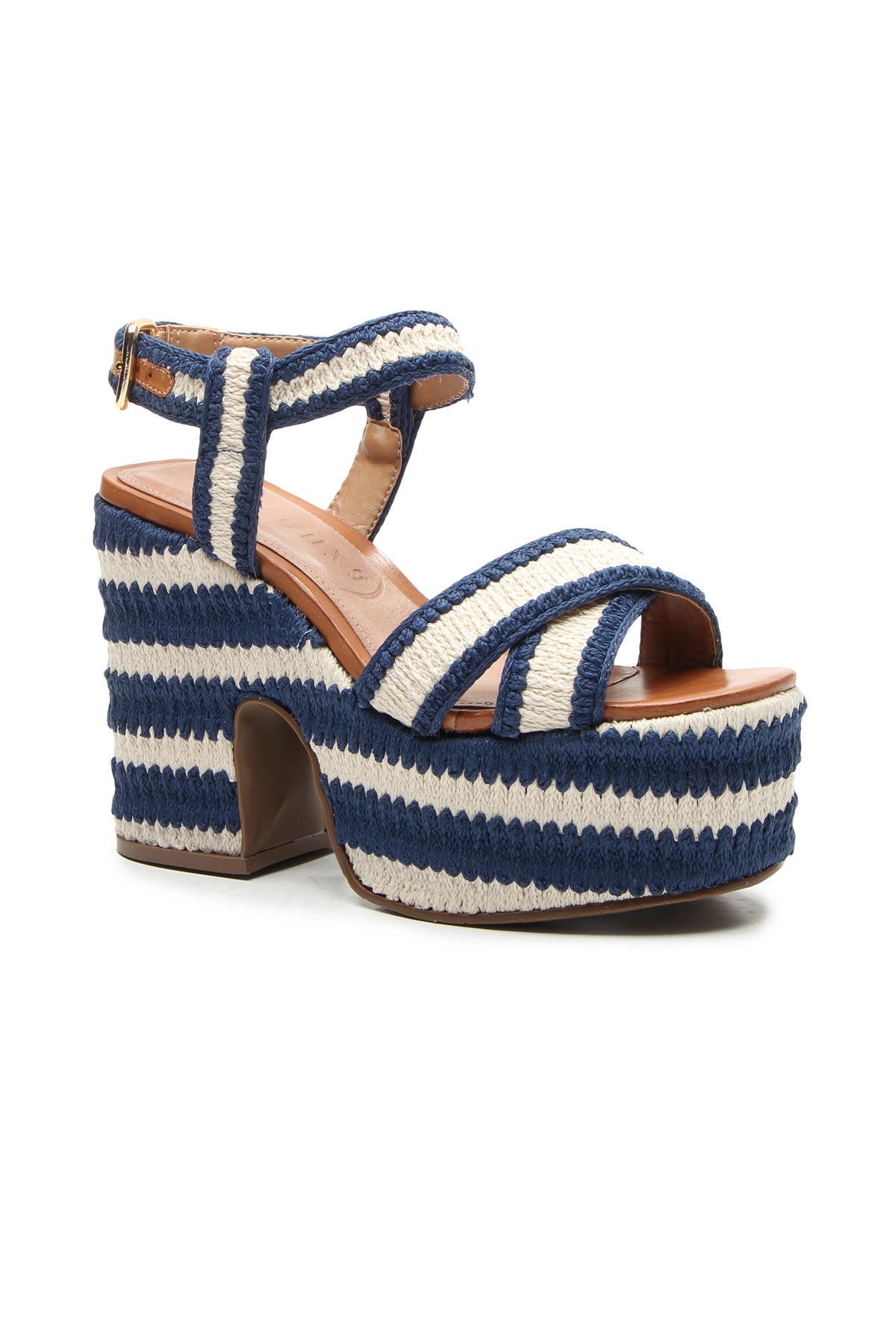 The Zamzibar Platform is a blue and white striped sandal with crisscross straps, an open toe, ankle strap, chunky heel, woven texture, and a buckle closure.
