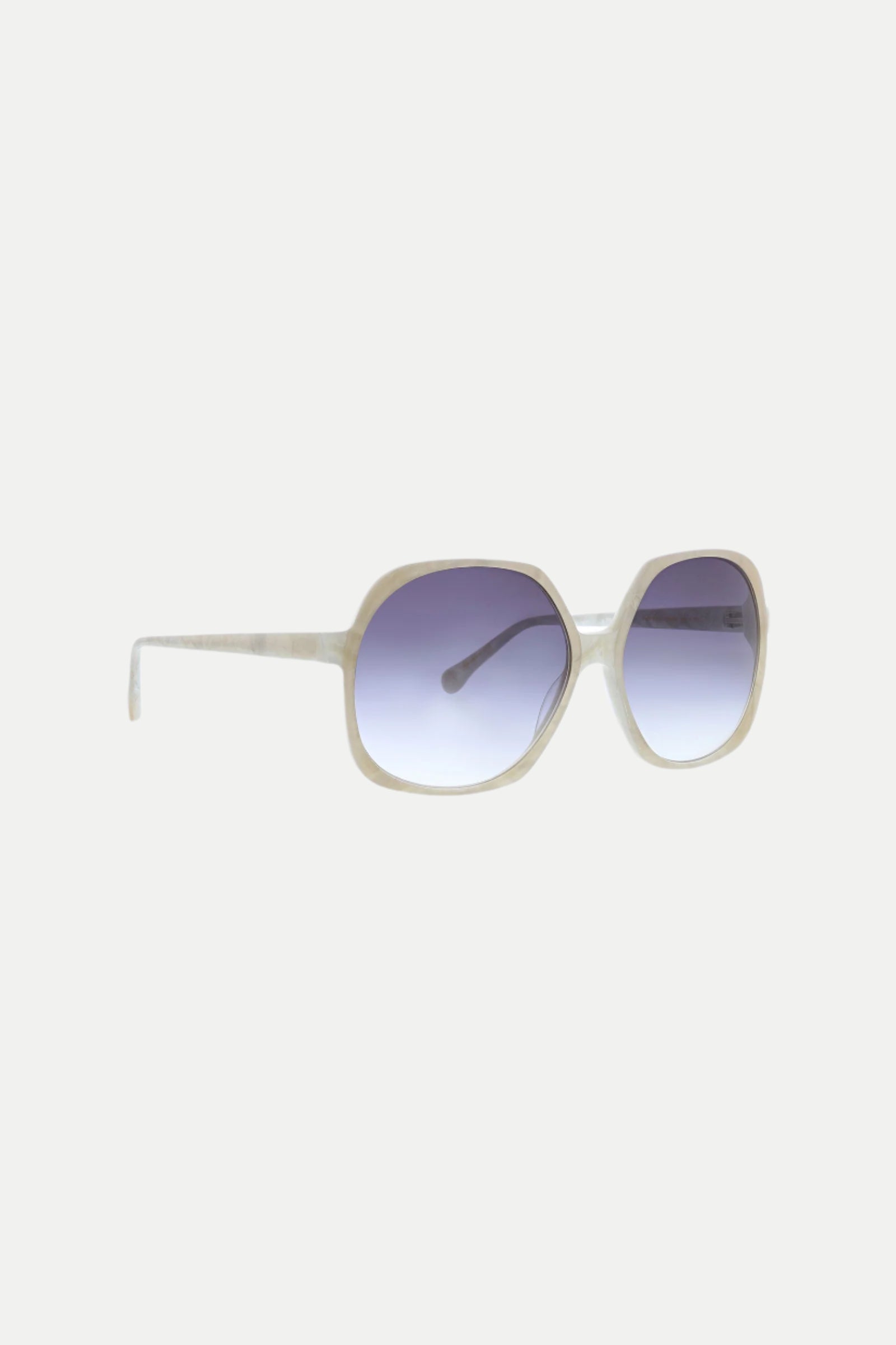 Paradis Oversized Square Acetate Sunglasses feature off-white geometric frames with large, rounded-square shapes and gradient purple lenses, displayed on a white background.
