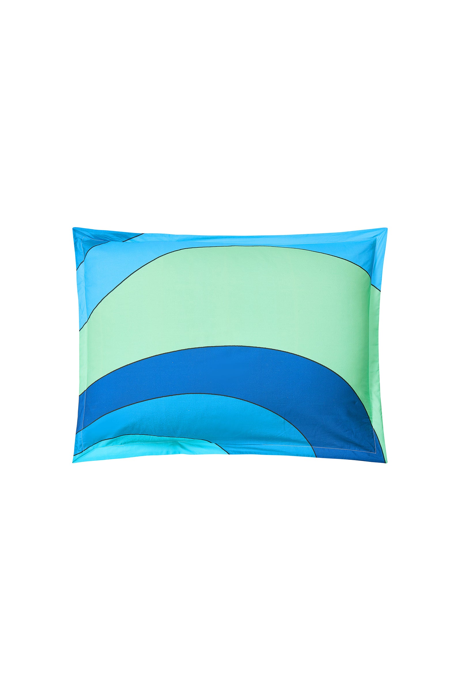 A rectangular pillowcase with blue and green curved stripes on white, ideal for pairing with the Wynwood Waves Full/Queen 3-Piece Comforter Set.