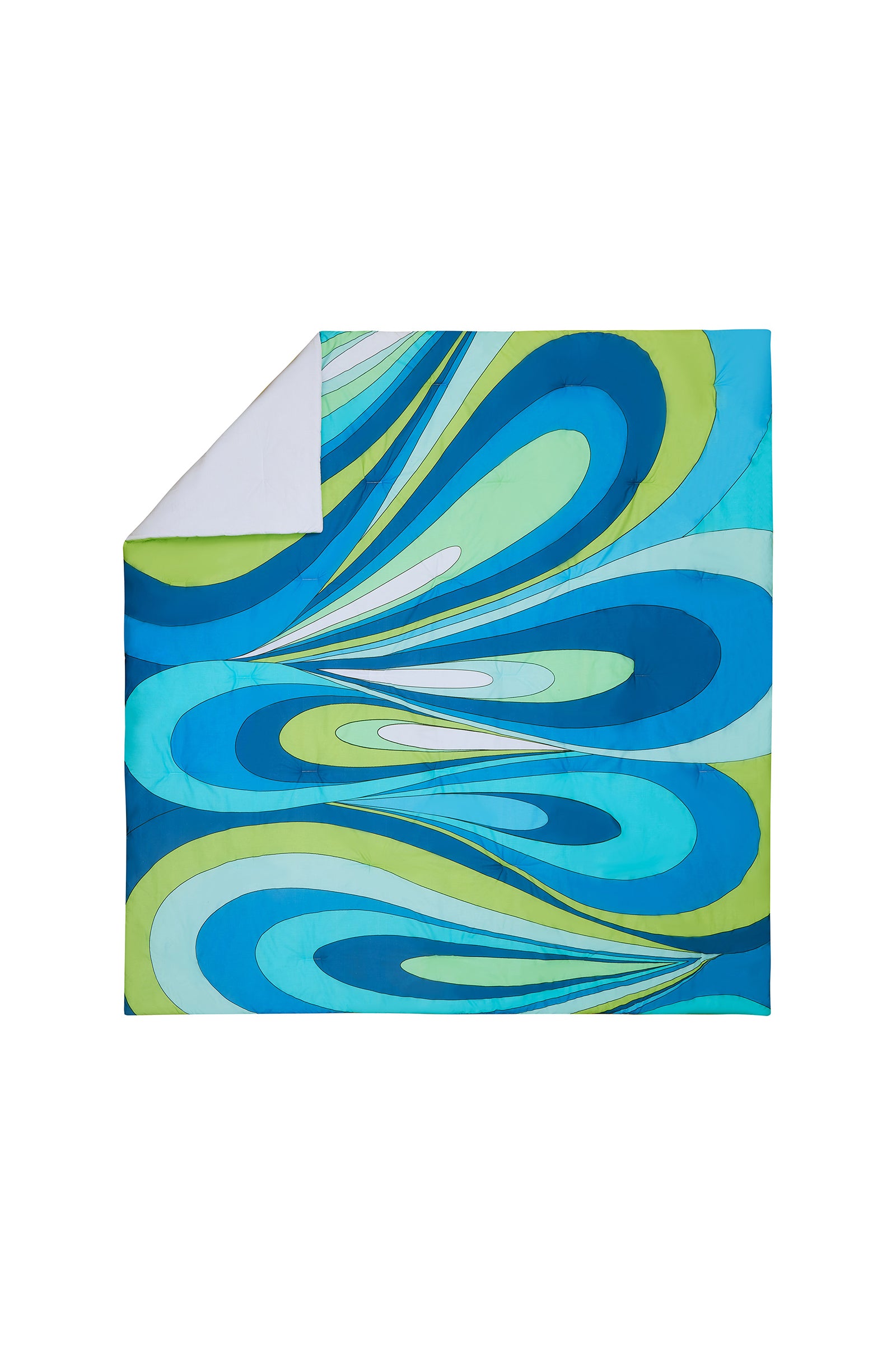 The Wynwood Waves Full/Queen 3-Piece Comforter Set features a folded comforter with a vibrant abstract pattern in blue, green, and turquoise with curved shapes; its reverse side is plain white.