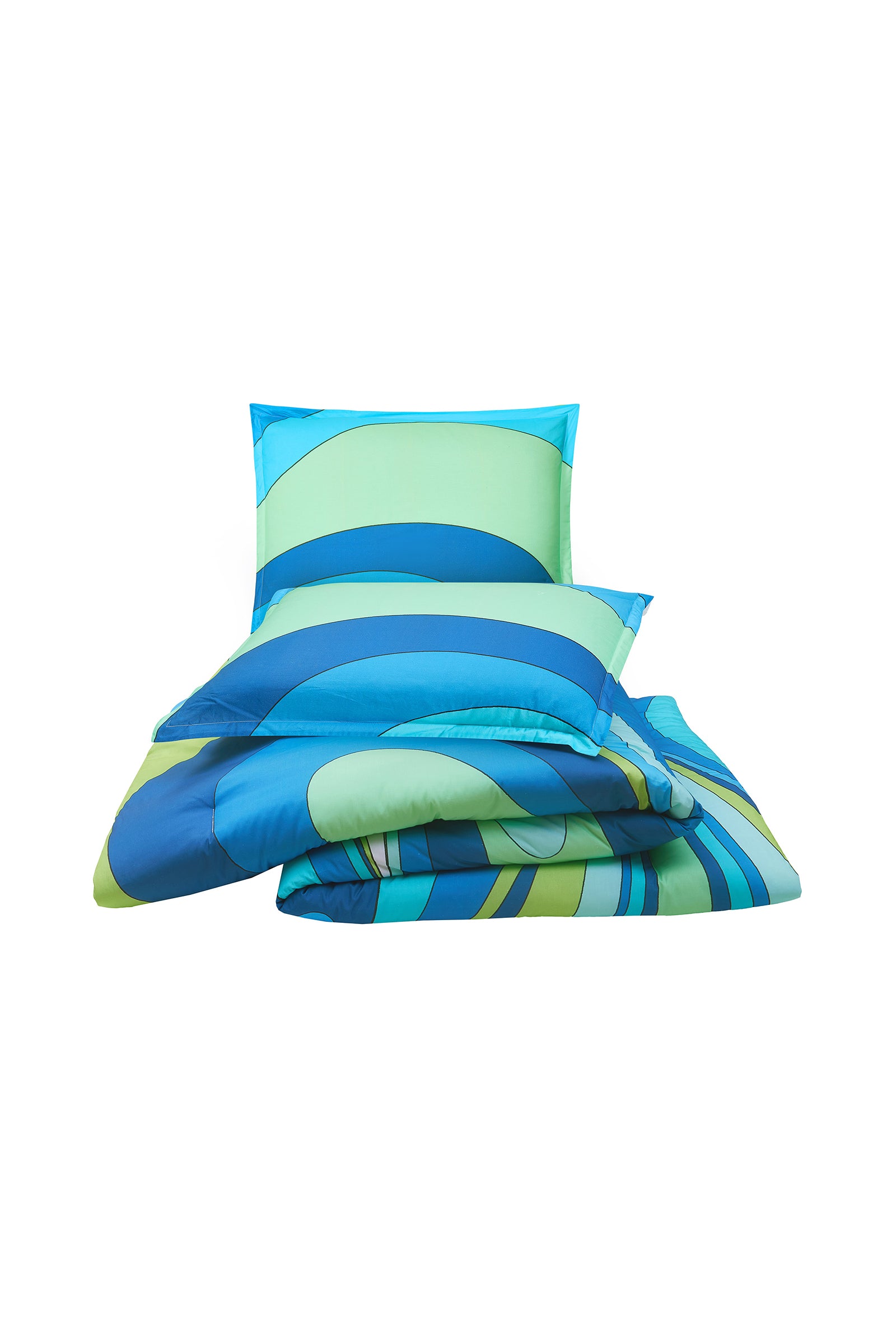 The Wynwood Waves King 3-Piece Comforter Set includes a comforter and pillow with a modern abstract pattern in blue, teal, and green. Inspired by Trina Turk bedding, its curved lines create a vibrant and colorful look for your bedroom.