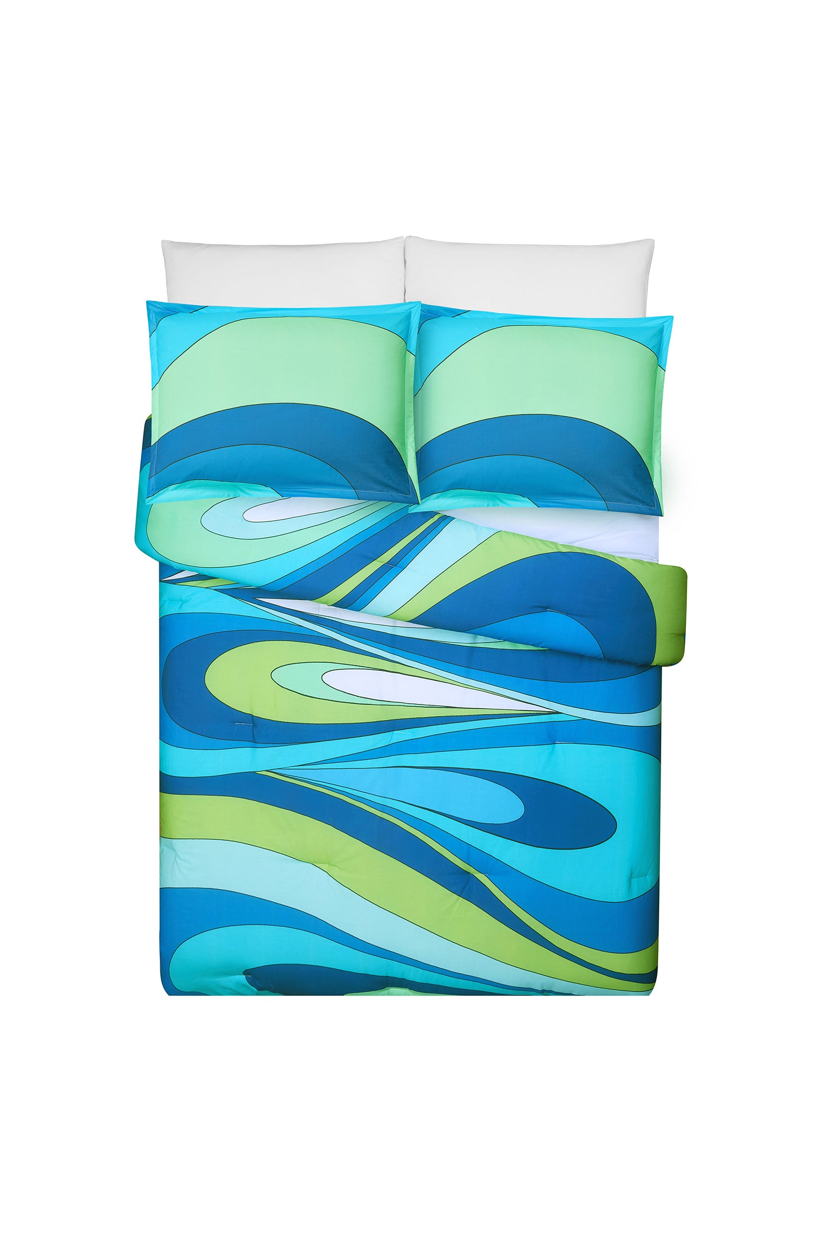 A made bed features the Wynwood Waves Full/Queen 3-Piece Comforter Set, displaying a blue, teal, and lime green abstract wave pattern on the comforter and matching shams, accented by white pillows against a white background.