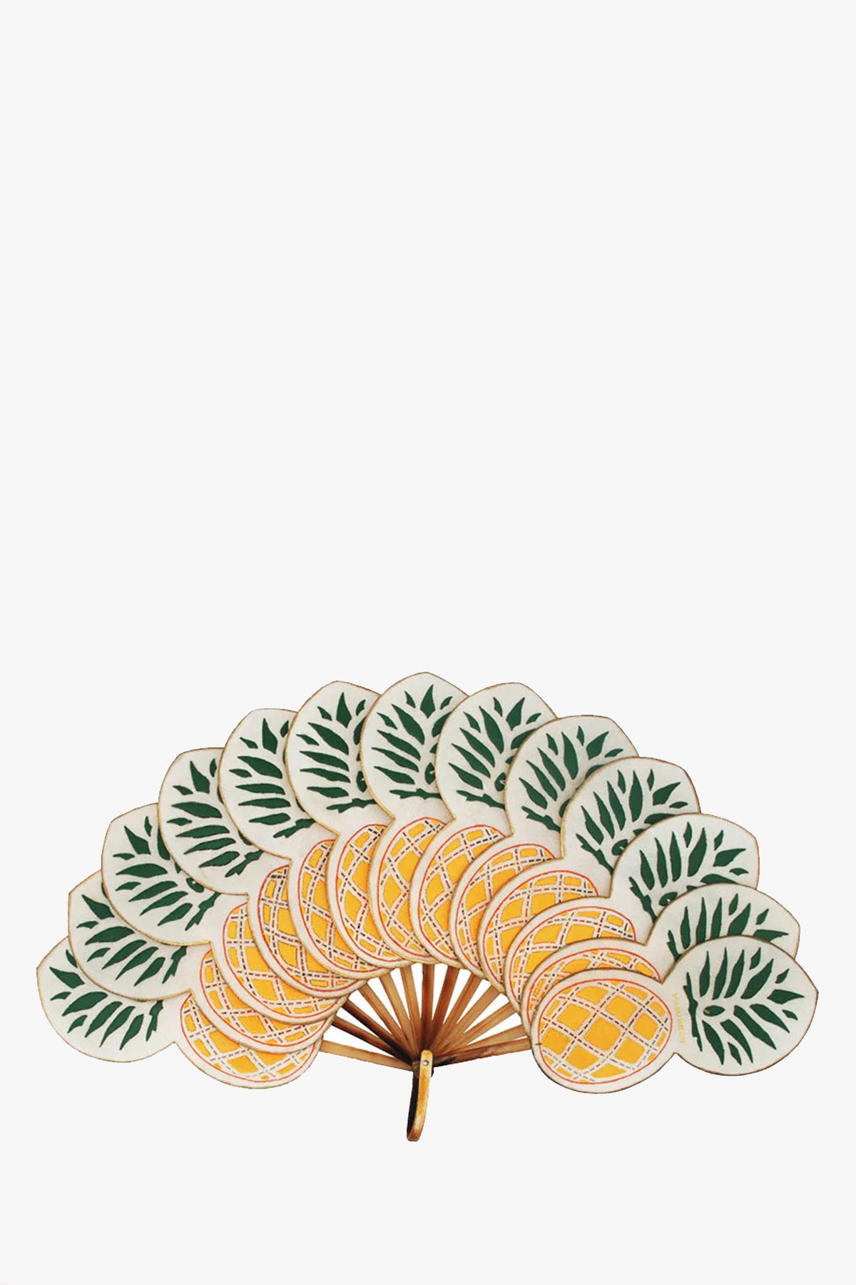 The Pu Bu Me Su Pineapple Fan features cookies shaped like a handheld fan, with green leaf-patterned cookies on top and yellow lattice-patterned cookies below, all beautifully arranged against a white background.