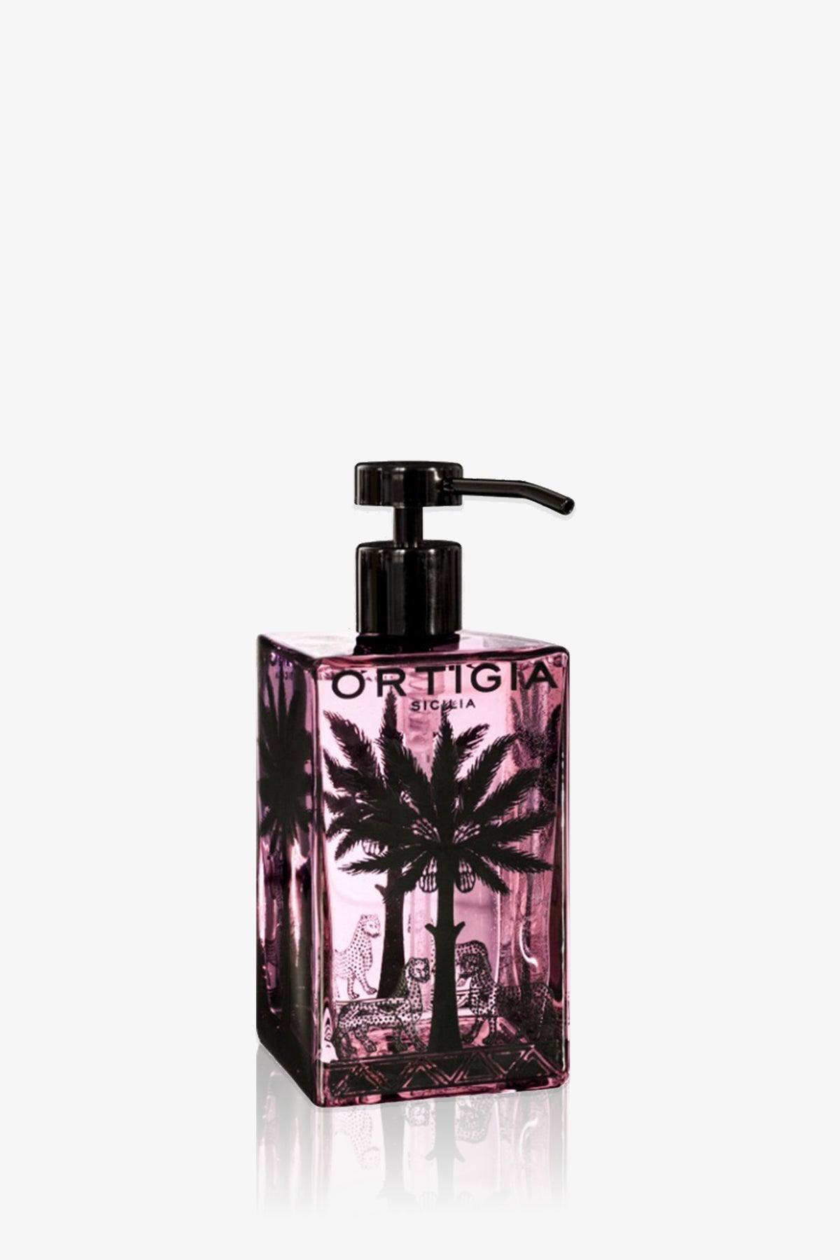 A square, purple glass Ortigia Sicilia Hand Soap bottle with a black pump and black palm tree and leopard illustrations is shown against a plain white background.