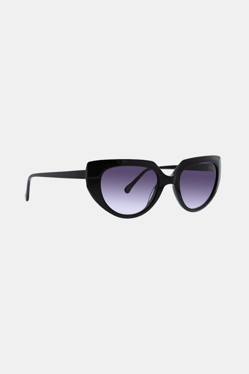 The Schooner Sunglass features a black cat-eye design with dark gradient lenses and thick, glossy frames for a bold, stylish look, displayed on a light gray background.