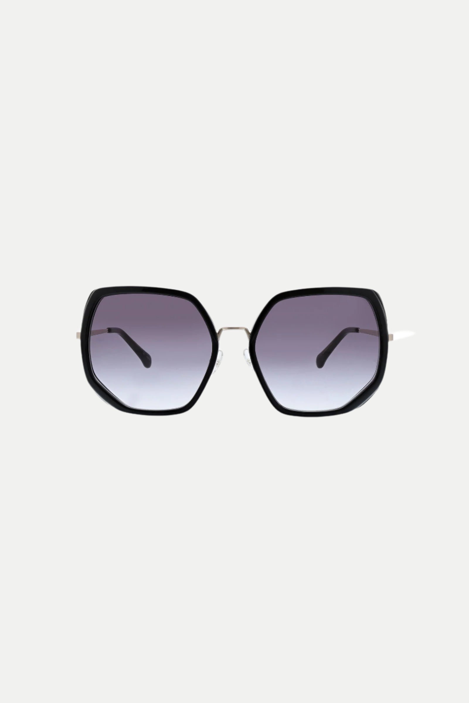 Seraphine Oversized Square Sunglasses in black, featuring gradient purple lenses, are shown on a white background.