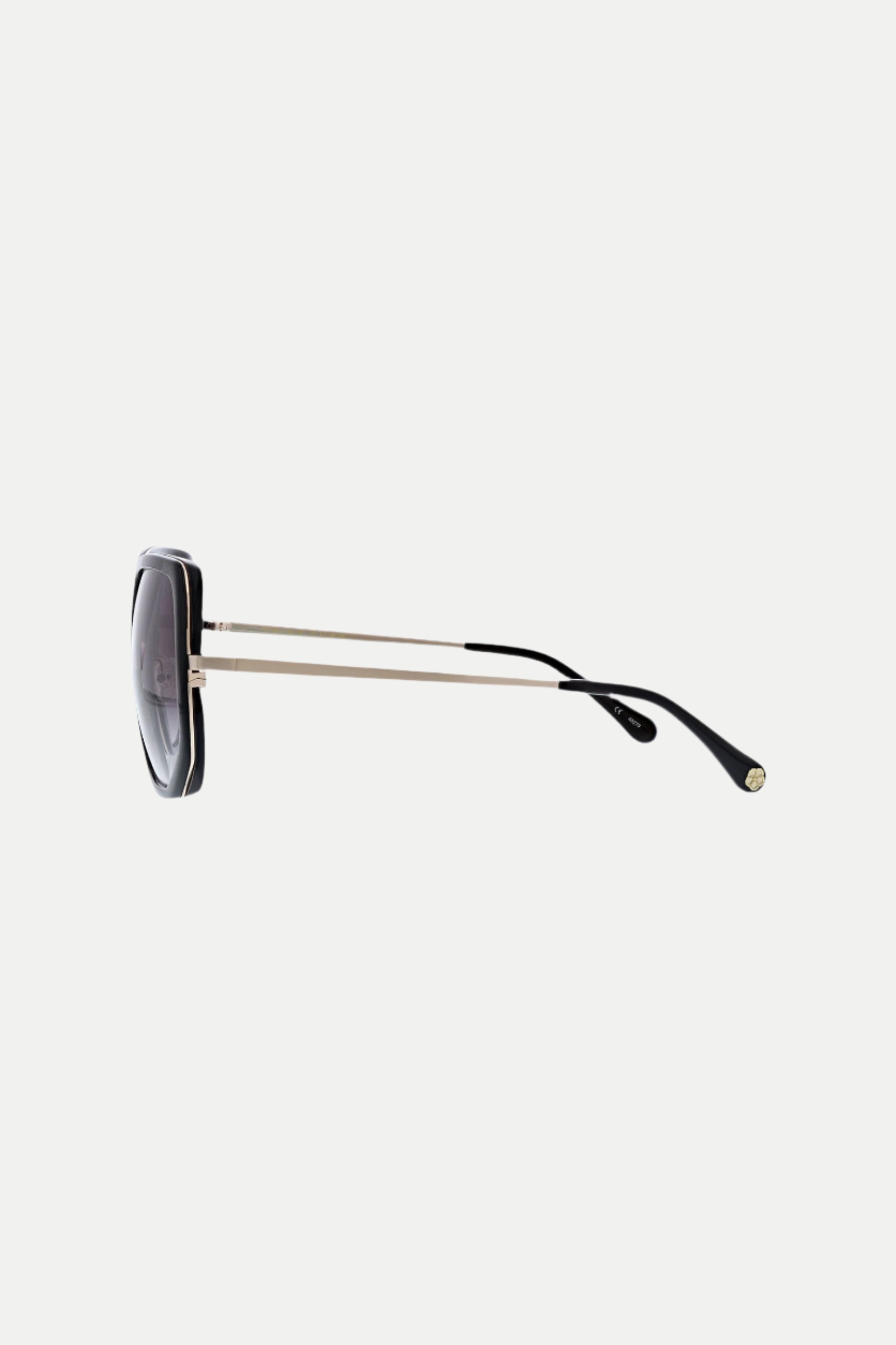 Side view of the Seraphine Oversized Square Sunglasses featuring black square lenses, thin gold metal arms, and black curved ear tips, displayed against a white background.