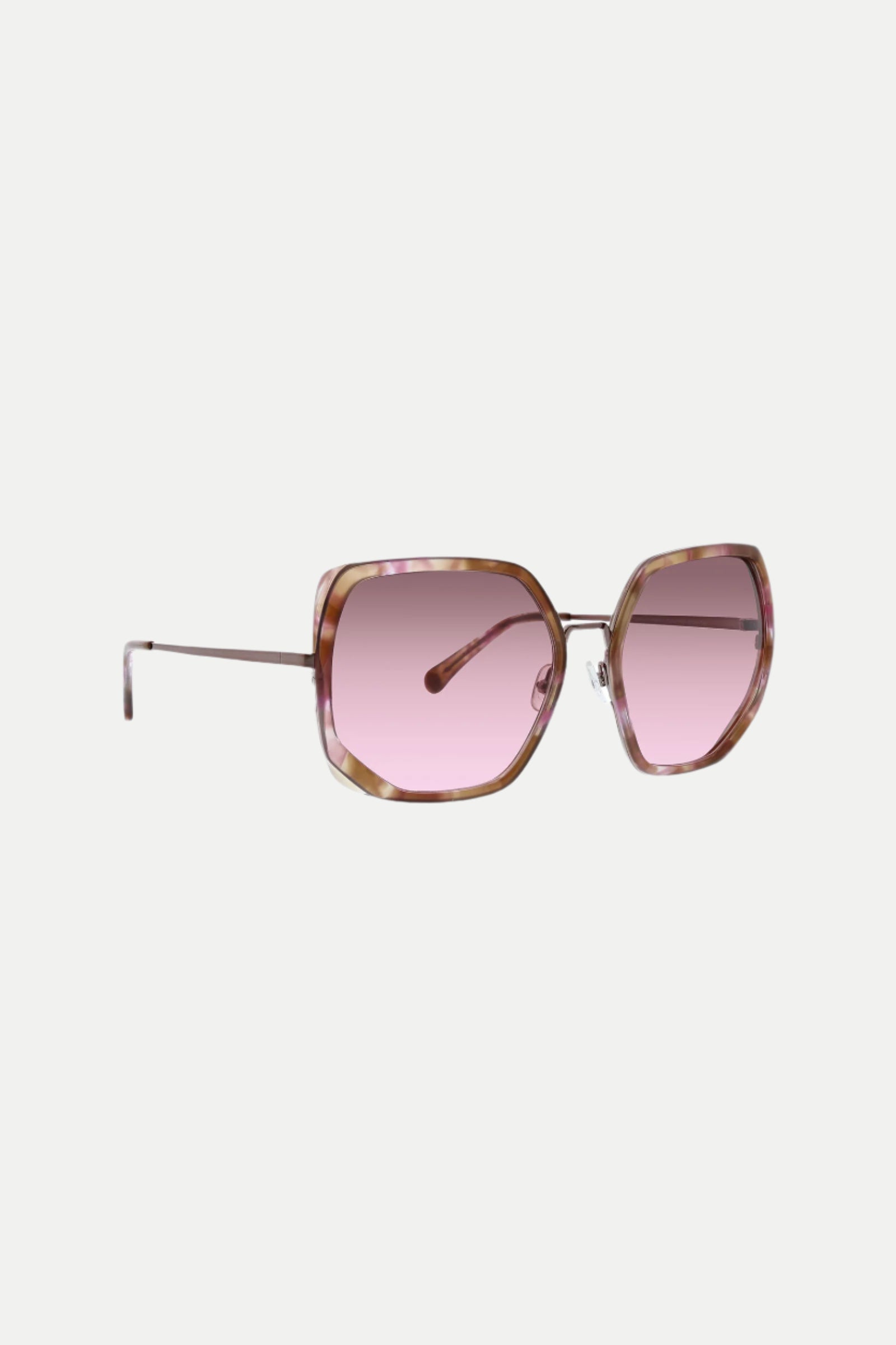 The Seraphine Oversized Square Sunglasses feature geometric, square-shaped frames in pink and brown tortoiseshell with pink gradient lenses and thin metal arms.