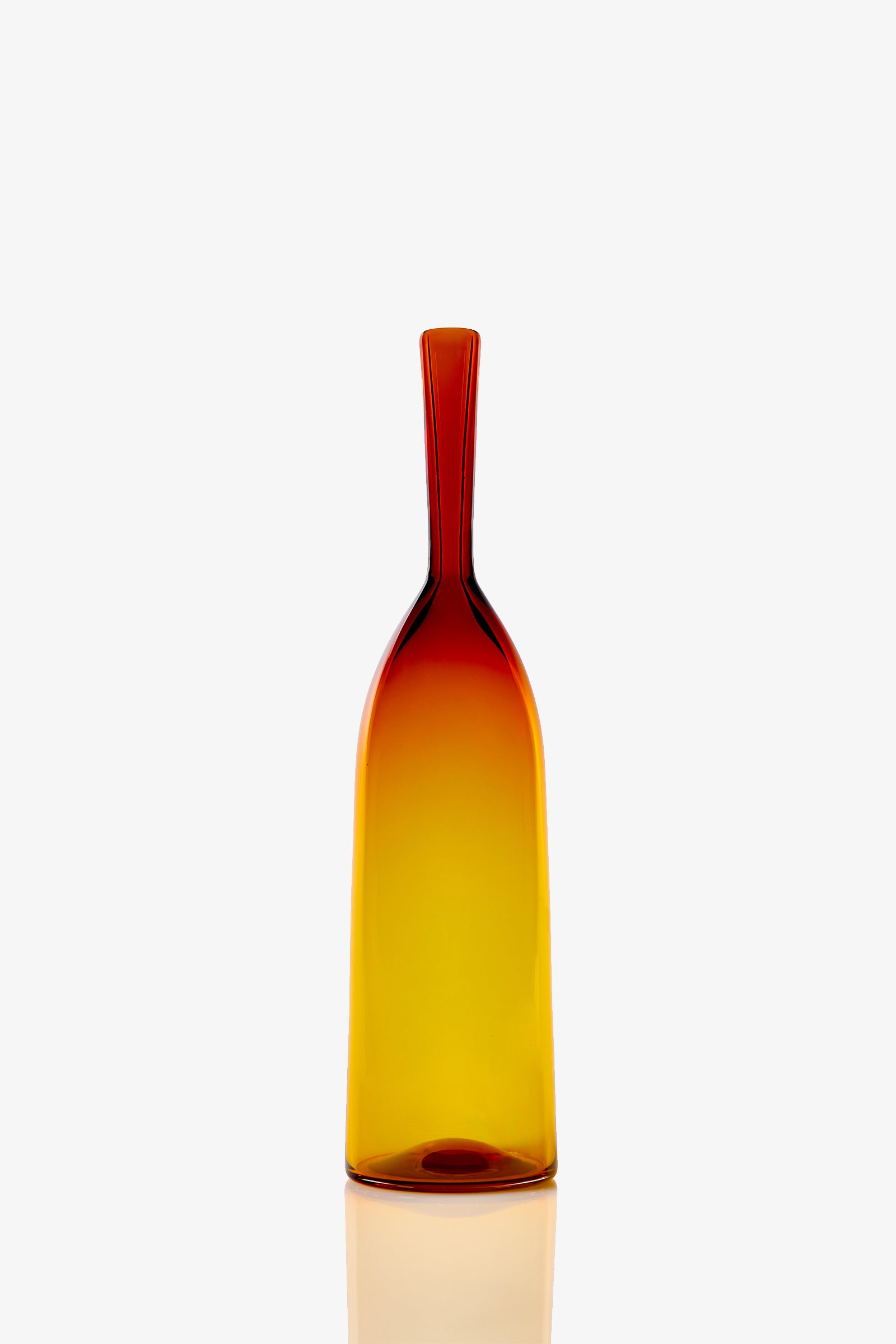 The Small Angelic Bottle is a tall glass bottle featuring a narrow neck and an ombre gradient from deep red at the top to amber yellow at the base, displayed against a plain white background.