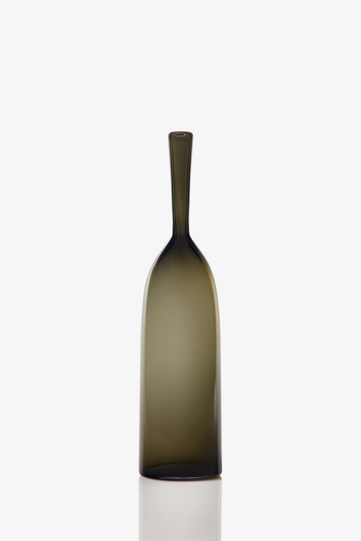 The Small Angelic Bottle is a tall, slender olive-green glass bottle with a narrow neck and smooth, rounded sides, shown standing upright on a plain white background.