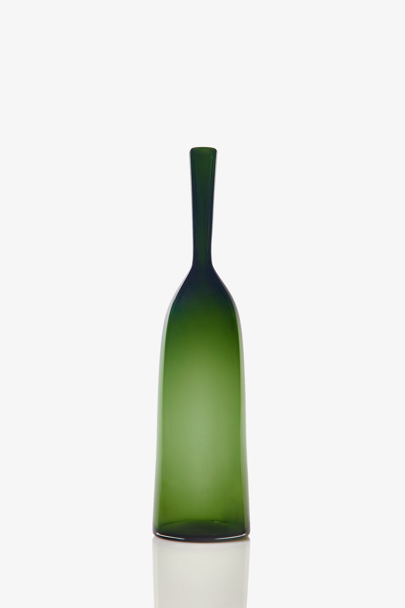 A small Angelic Bottle made of green glass, featuring a slender shape, narrow neck, and smooth surface, stands upright against a white background.