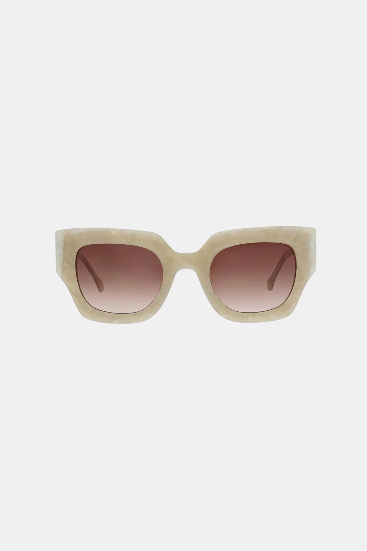 The Sol Sunglass features beige thick square frames and brown gradient lenses, shown against a plain white background.