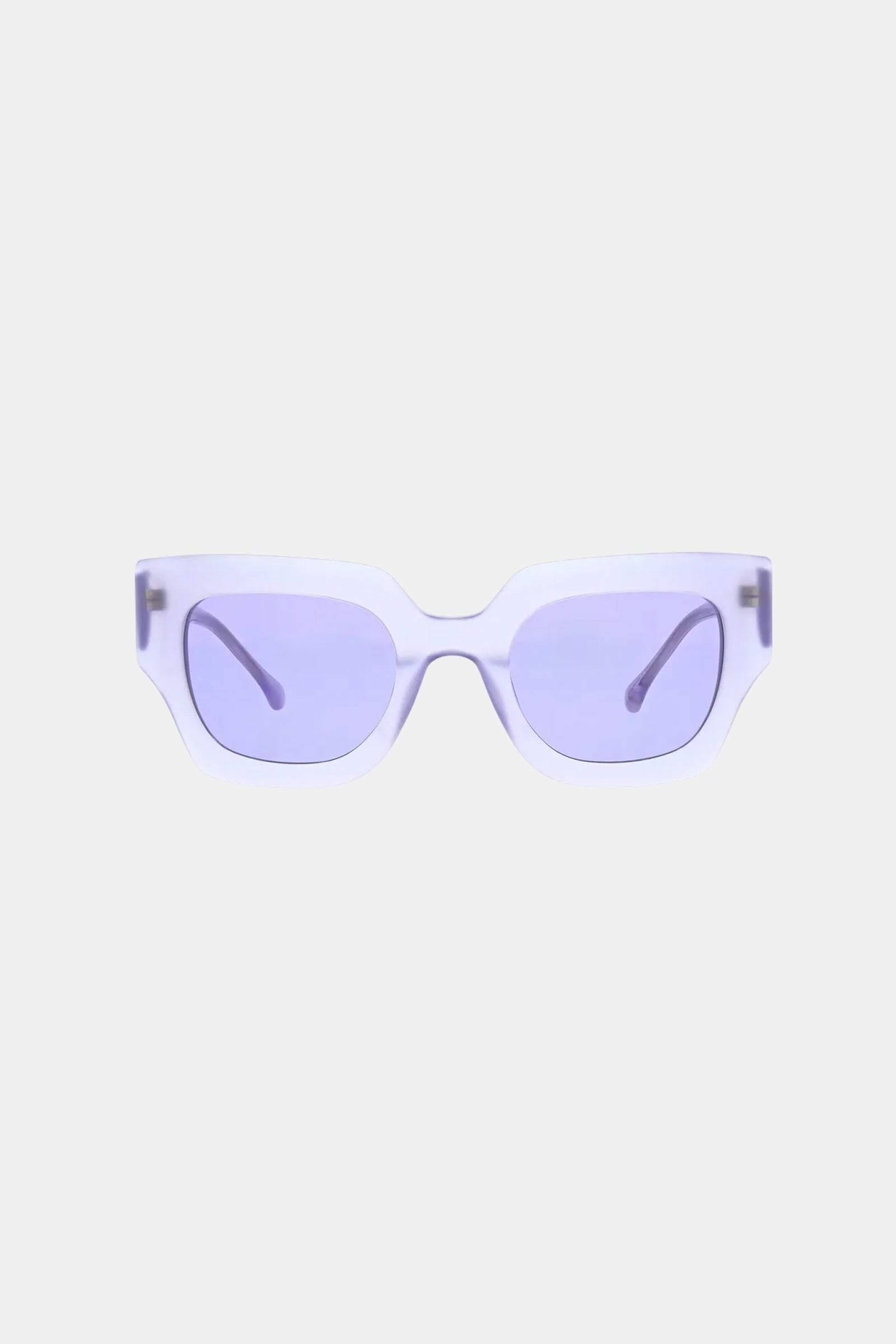 Sol Sunglass features a rectangular shape with a translucent lavender frame and matching light purple tinted lenses, shown against a plain light gray background.