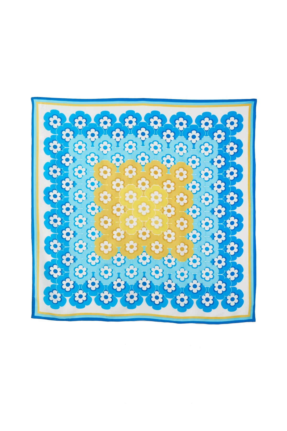 The Flower Power Scarf is a square accessory in MULTI, showcasing retro floral patterns with a yellow center, concentric rows of blue, yellow, and white flowers, all framed by shades of blue and a blue border.