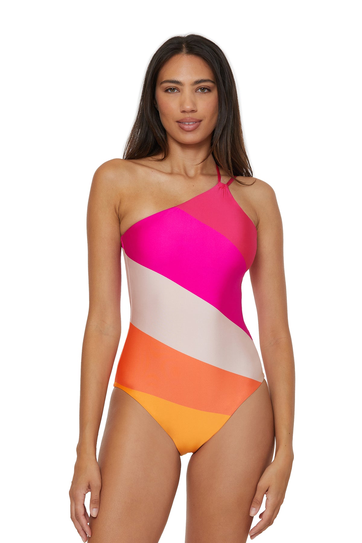 A woman wearing the Sunburst One-Shoulder One-Piece Swimsuit, featuring vibrant color blocks, stands against a white background and looks at the camera with a neutral expression.