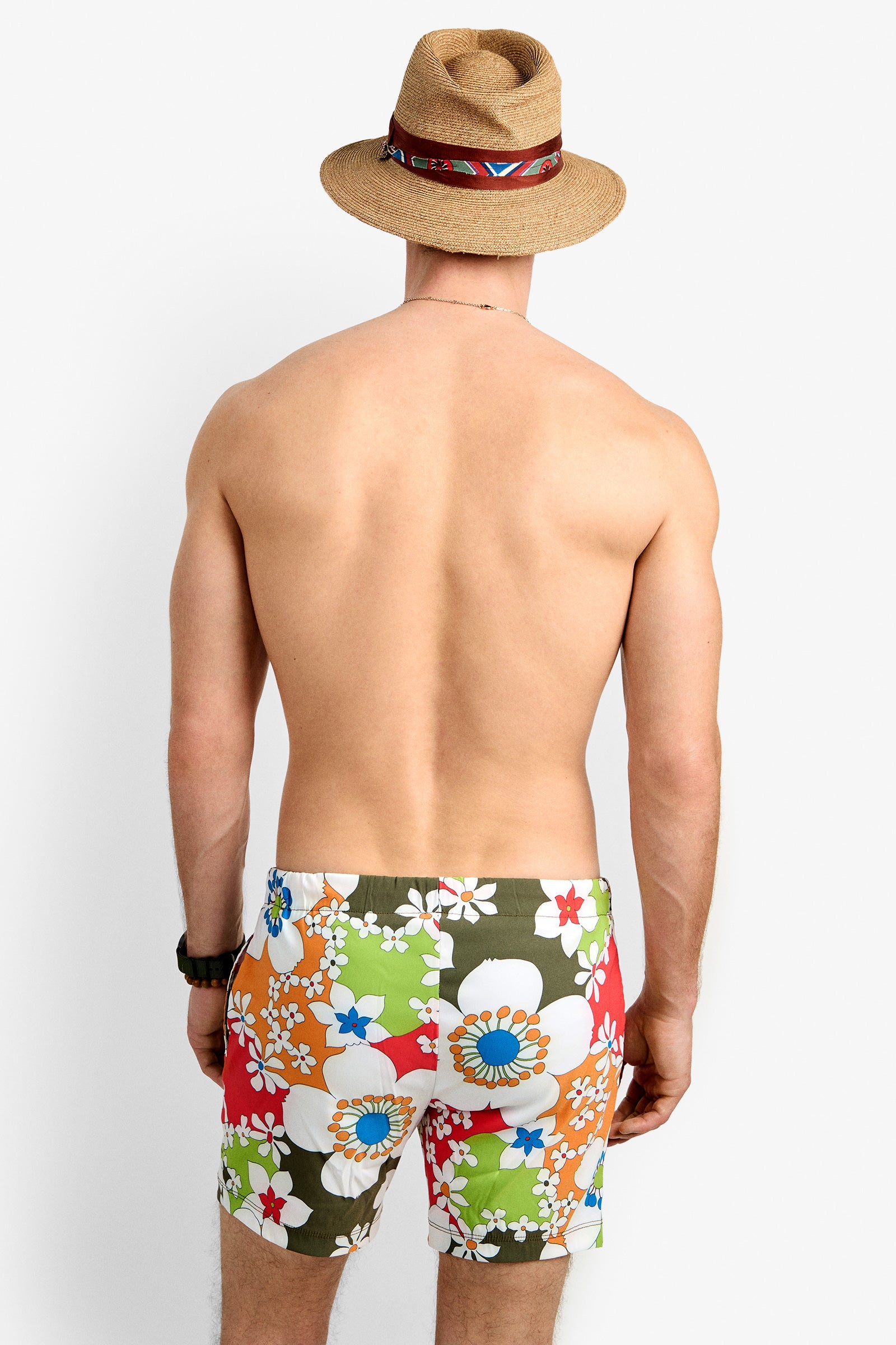 A man wearing the Imperial Beach Swim Trunk and a straw hat stands with his back to the camera against a plain white background.