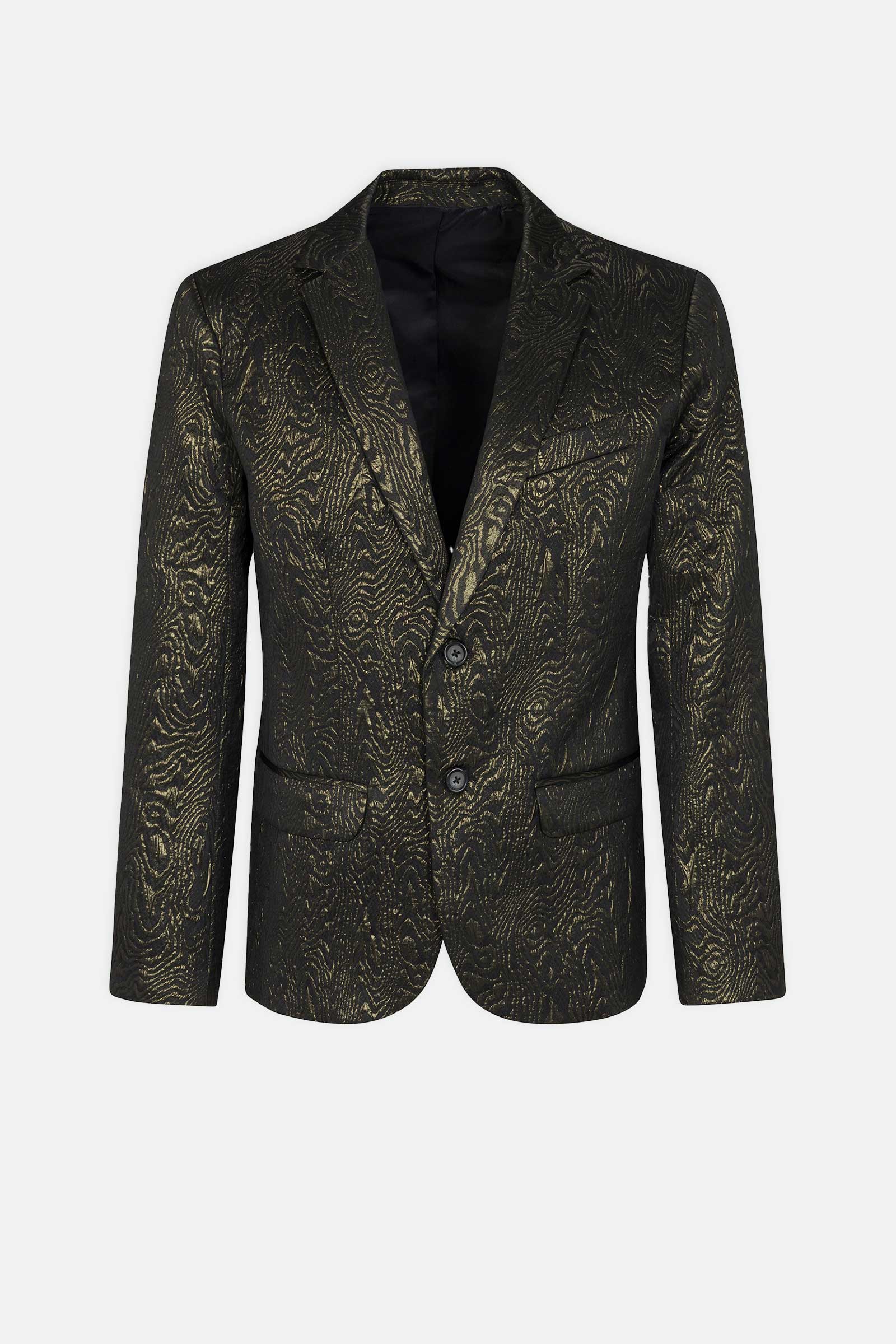 The Thurston Blazer - Fette Swirl is a dark green blazer with a shiny, textured gold pattern, two buttons, notched lapels, and two front pockets, displayed against a plain white background.