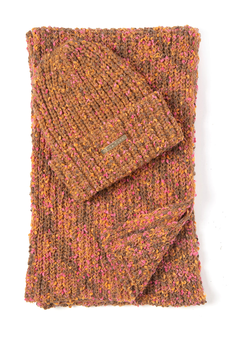TT SPECKLED KNIT BEANIE AND SCARF in BROWN/PINK additional image 1