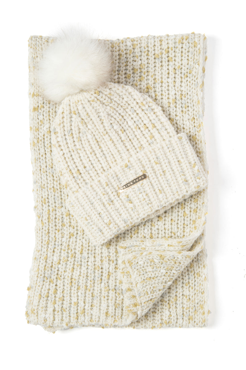 TT SPECKLED KNIT BEANIE AND SCARF in CREAM additional image 1