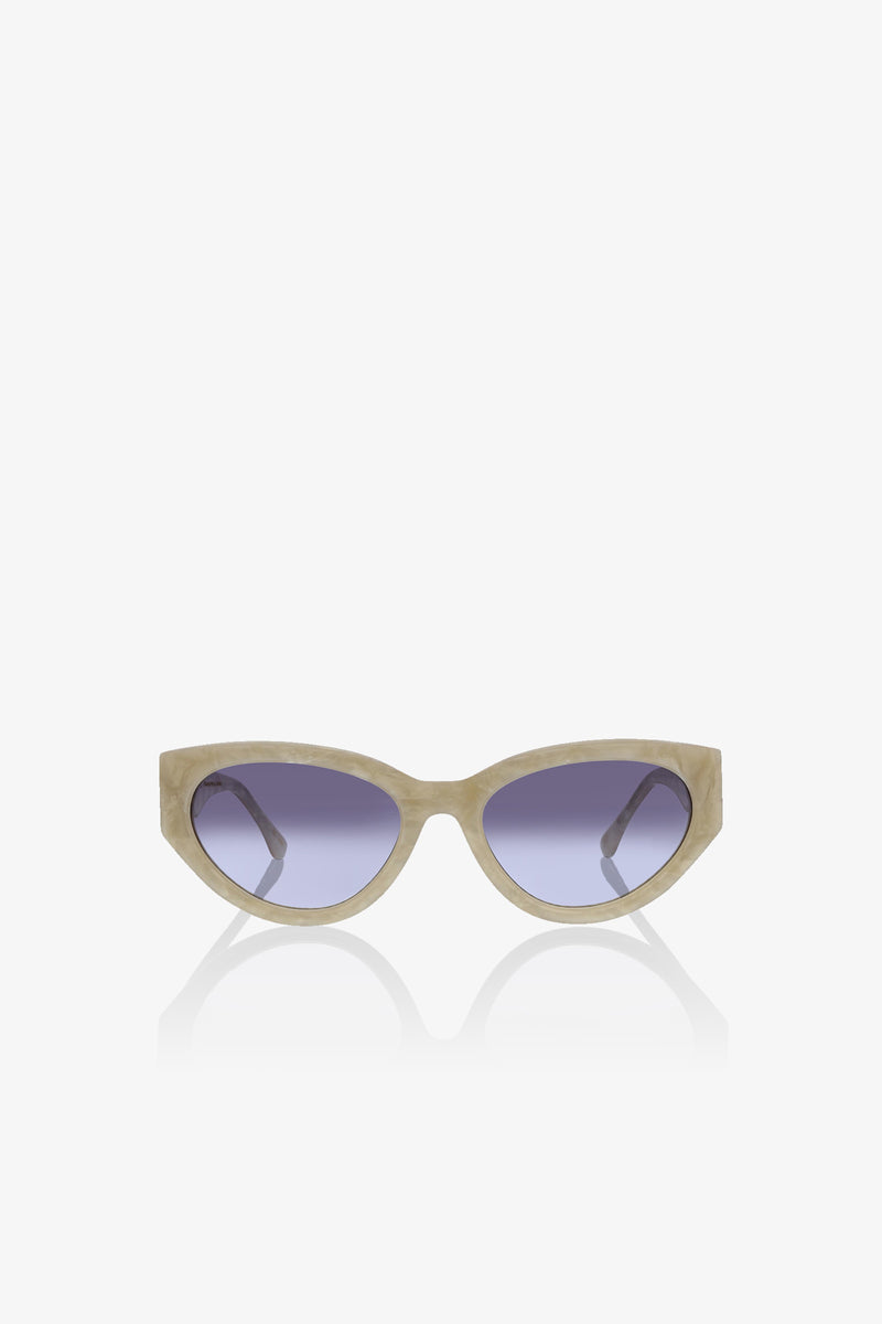 Boulders Sunglass in a beige cat-eye frame with blue-tinted lenses, displayed on a white background.