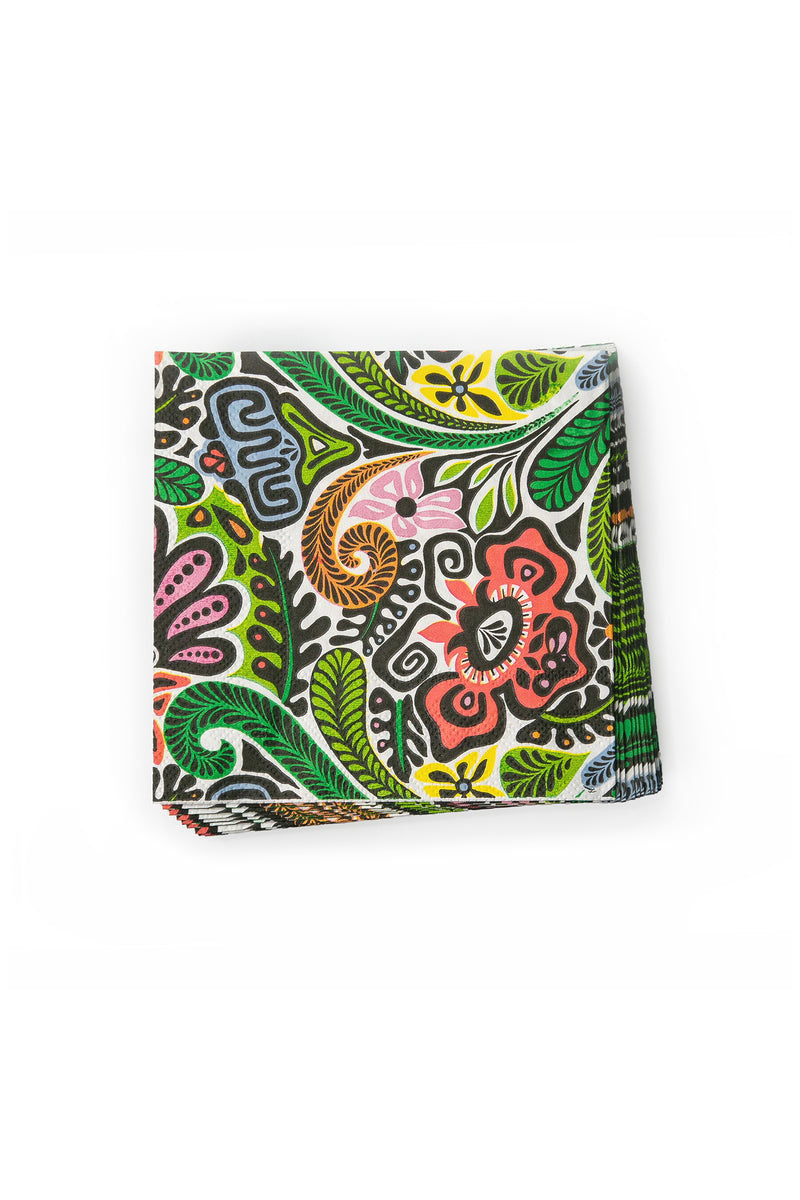 The Tt Cheeky Tiki Cocktail Napkin is a folded paper napkin with an intricate, colorful floral and leafy print in multi on a white background.