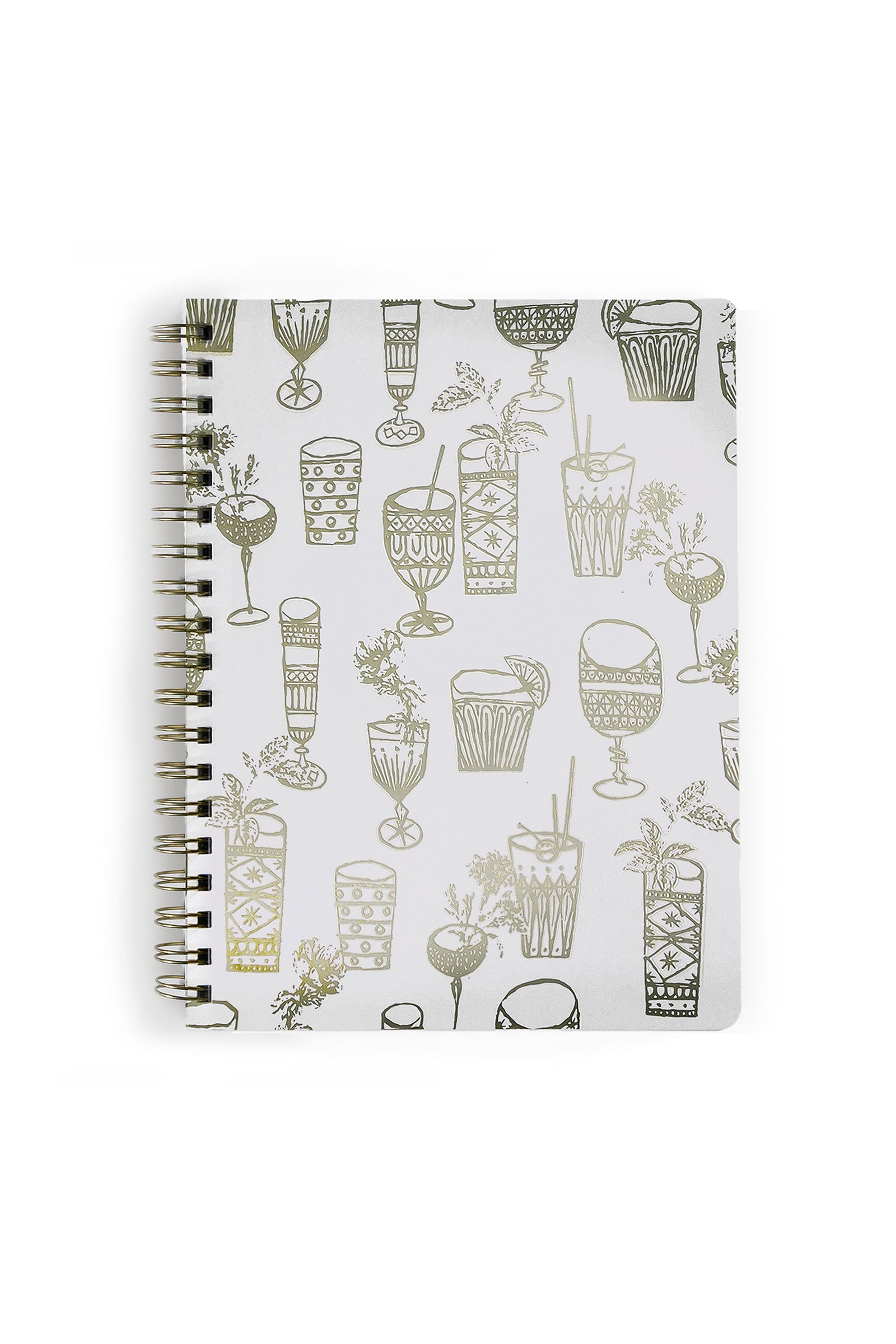 The Tt Happy Hour Gold Notebook features a white hardcover with gold and black hand-drawn cup illustrations, making it the perfect stylish choice for inspiration.