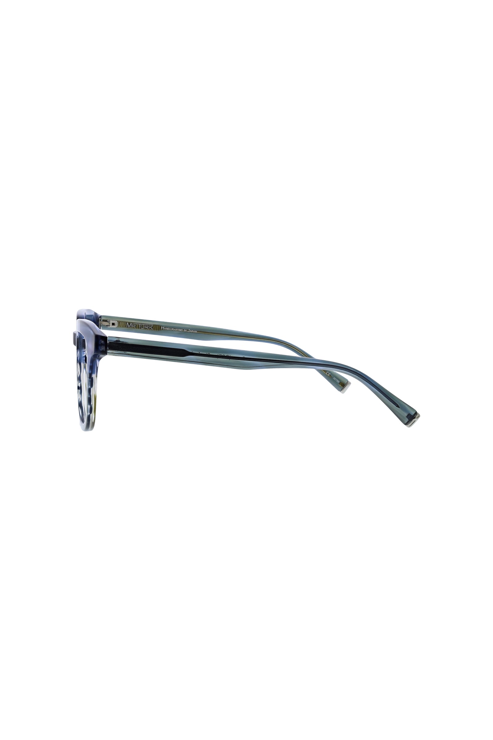 Side view of Stanford Eyeglass featuring blue and translucent lightweight acetate frames, thin arms, and a subtle pattern near the hinges, displayed on a white background.