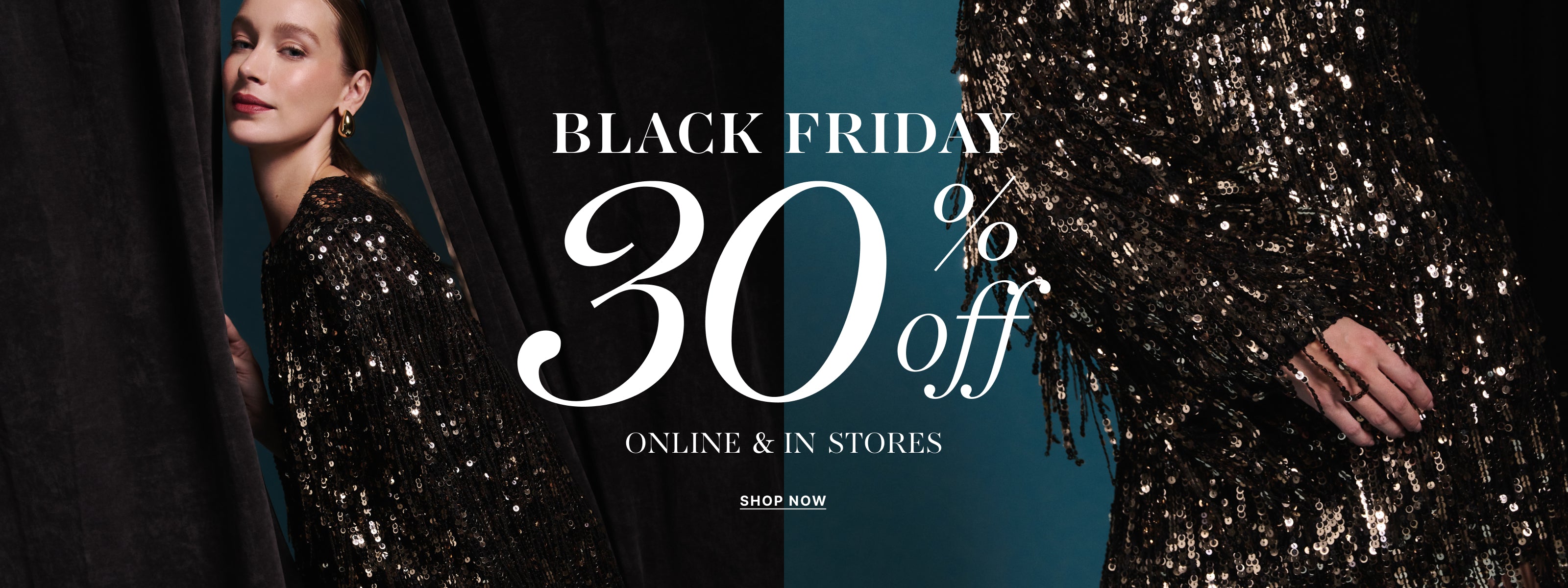 Black Friday sale advertisement with a woman in a sequin dress and text overlay.