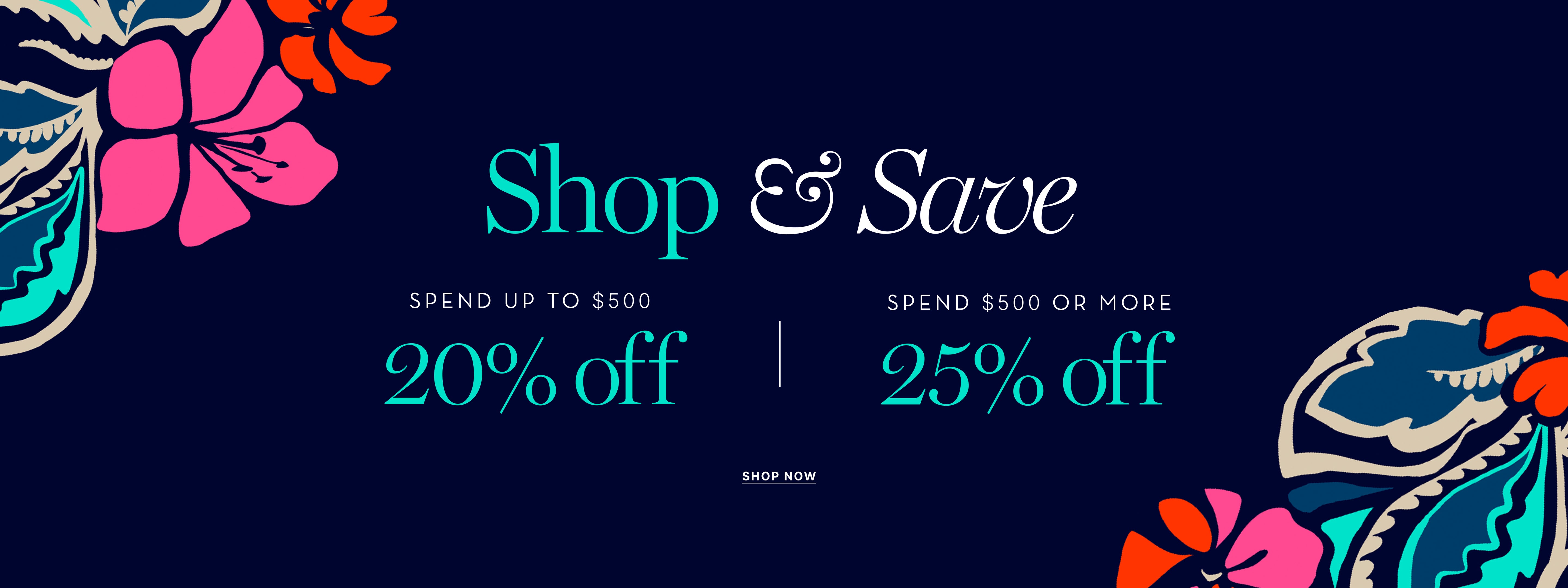 Promotional banner with floral designs and discount text on a dark blue background
