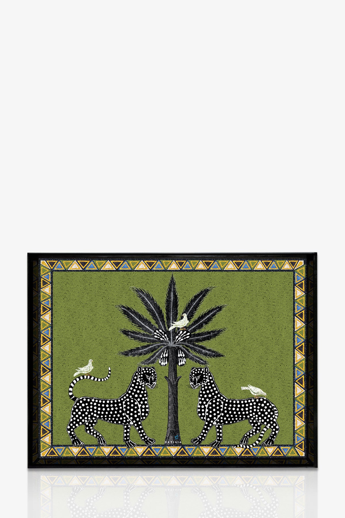 The Ortigia Large Tray is rectangular with a green background, showing two black-and-white spotted leopards facing a tall palm tree with birds on its leaves, all surrounded by a decorative geometric border.
