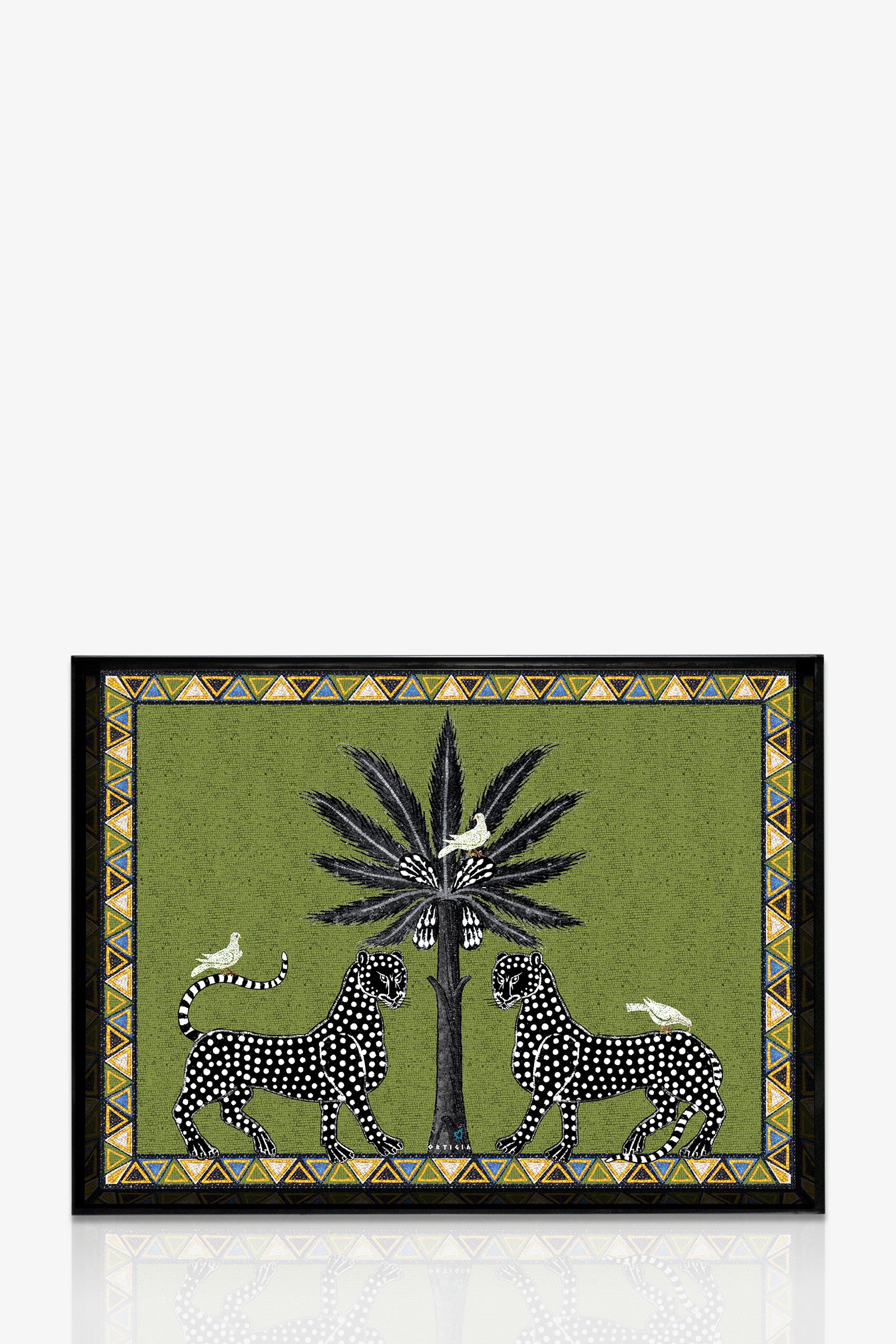 The Ortigia Large Tray is rectangular with a green background, showing two black-and-white spotted leopards facing a tall palm tree with birds on its leaves, all surrounded by a decorative geometric border.