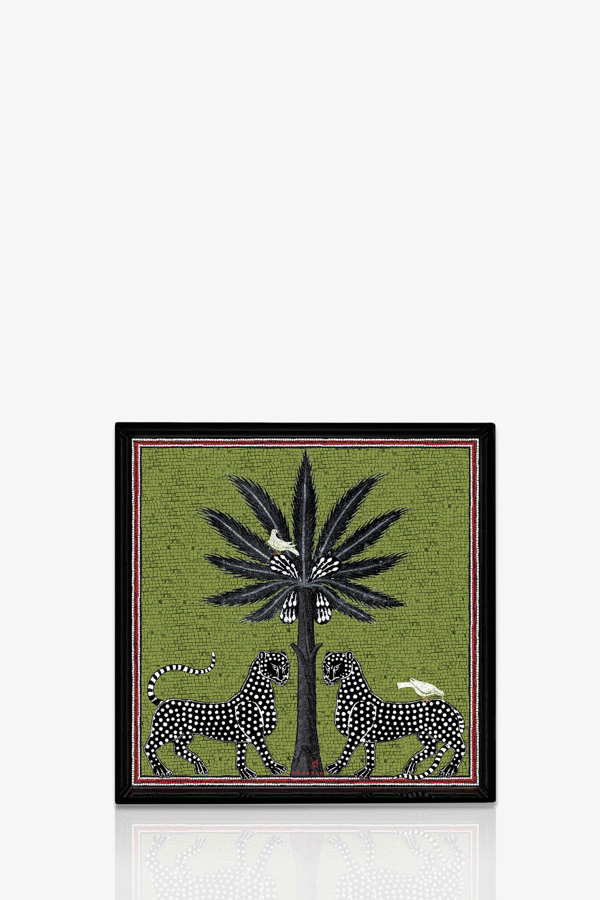 The Ortigia Square Tray features a green background with two black and white spotted big cats facing each other under a tall dark palm tree, accented by white birds perched on the tree and on the cats’ backs.