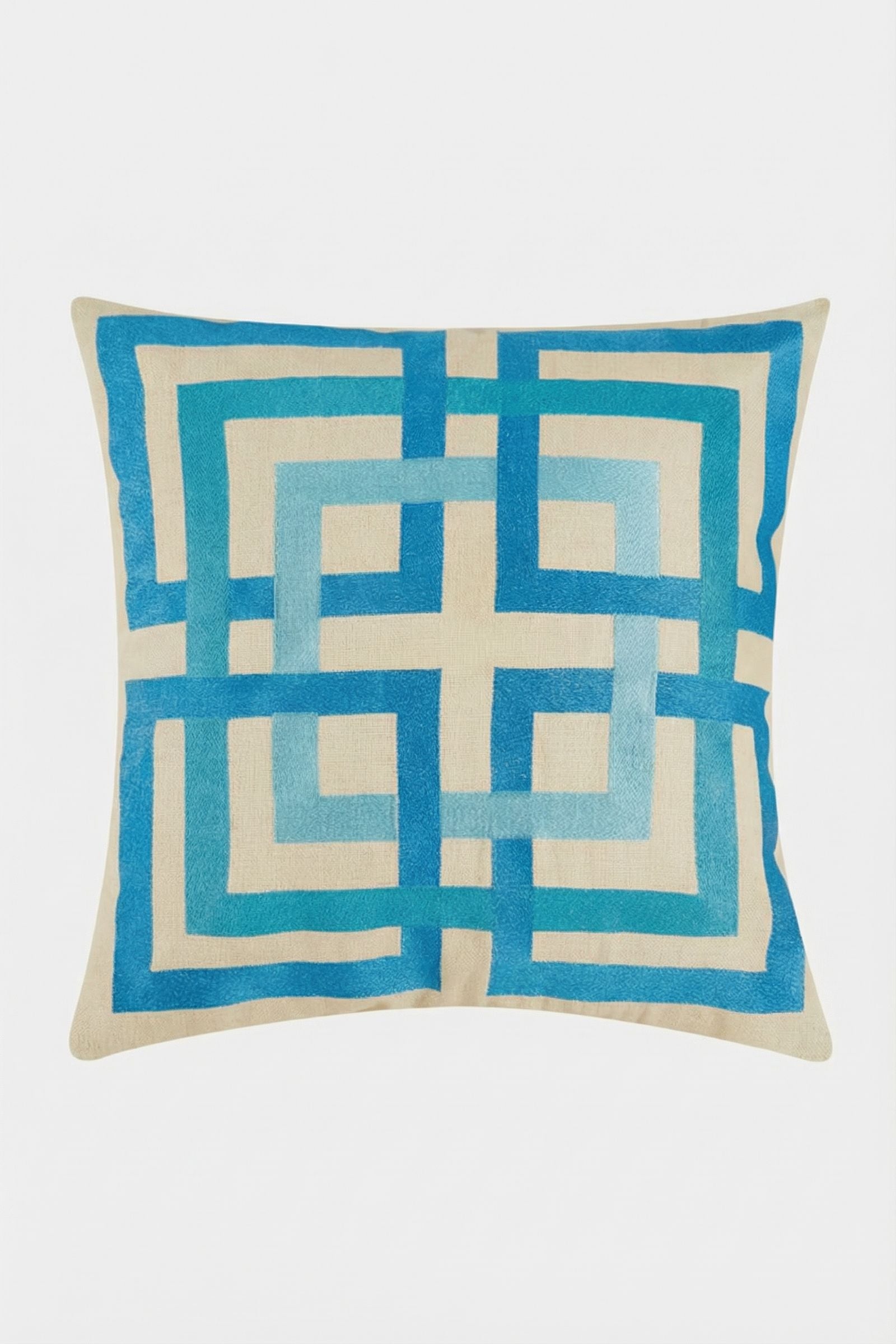 The Shanghai Links Embroidered Throw Pillow features a beige background with an interlocking geometric blue pattern, creating a symmetrical and modern look.