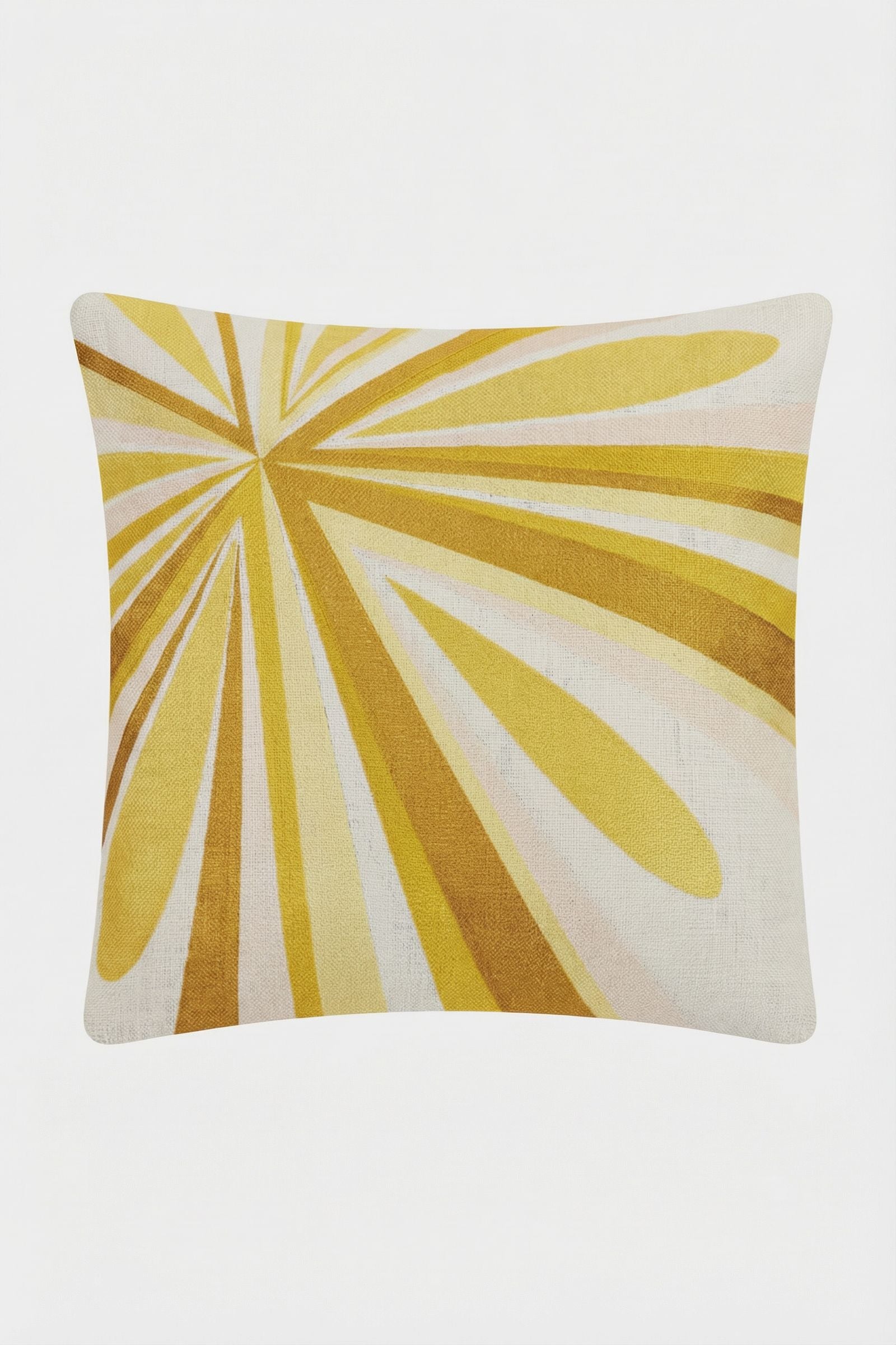 The Shante Embroidered Pillow is a square throw pillow featuring a retro-style, abstract sunburst pattern in yellow, gold, and cream on a light background.