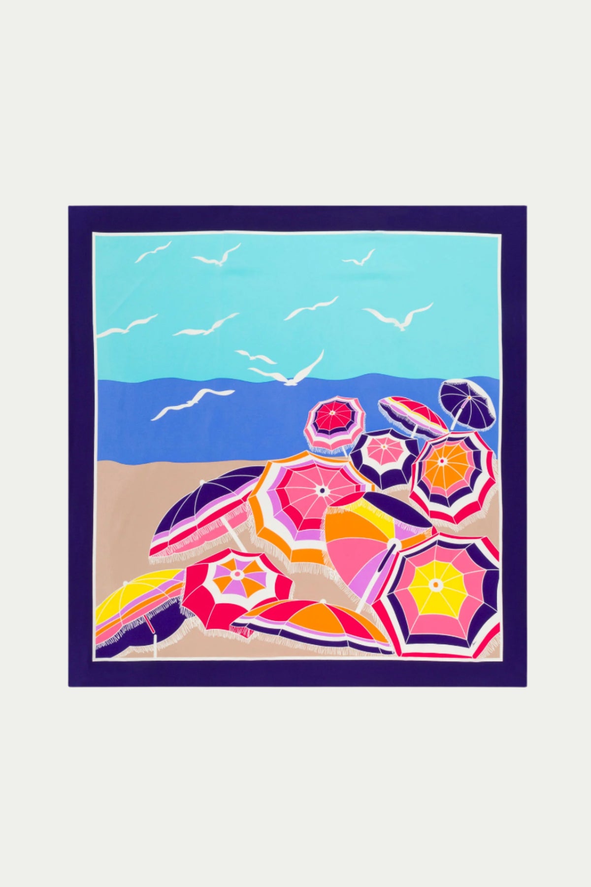 The Umbrella Scarf - Parapluie Silk features a colorful beach scene with vibrant pink, red, orange, and purple umbrellas on sandy shore, blue sea and sky, white birds flying, all bordered in dark blue. Color: Multi.