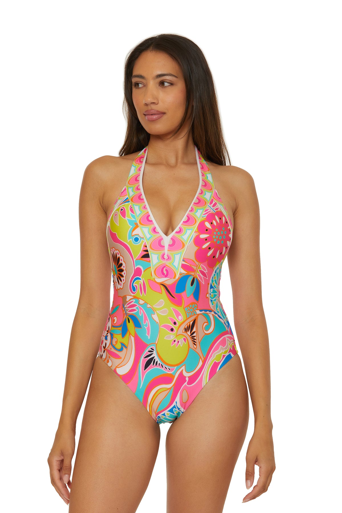A woman wears the Plunge One-Piece Swimsuit - Venus in Venus Swim, featuring a deep V neckline and halter style, looking to her left against a plain white background.