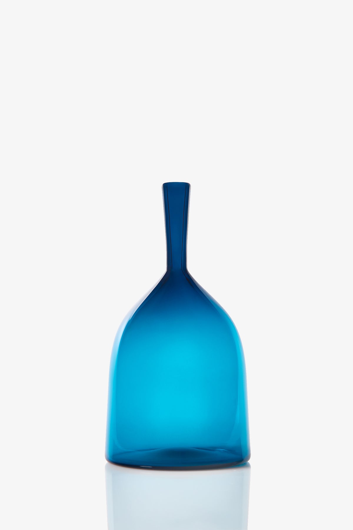 The Wide Angelic Bottle is a translucent blue glass vase with a rounded body and a narrow, elongated neck, shown against a plain white background.