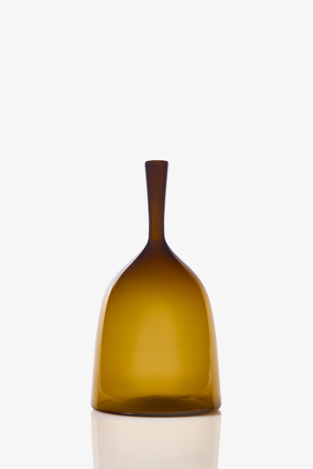 The Wide Angelic Bottle is a modern, amber-colored glass bottle featuring a wide base and tall, narrow neck, shown against a plain white background.