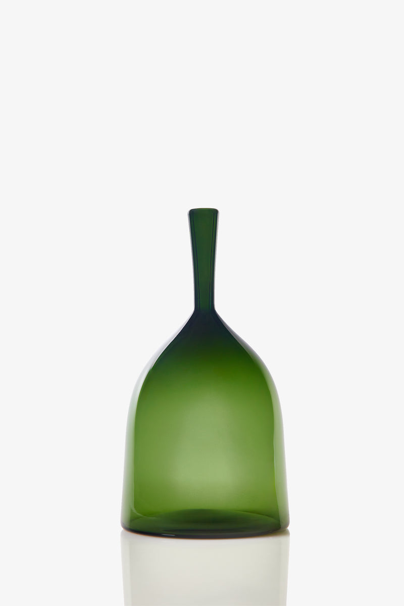 The Wide Angelic Bottle is a green glass vase featuring a broad, rounded base and a slender, elongated neck, displayed against a white background.