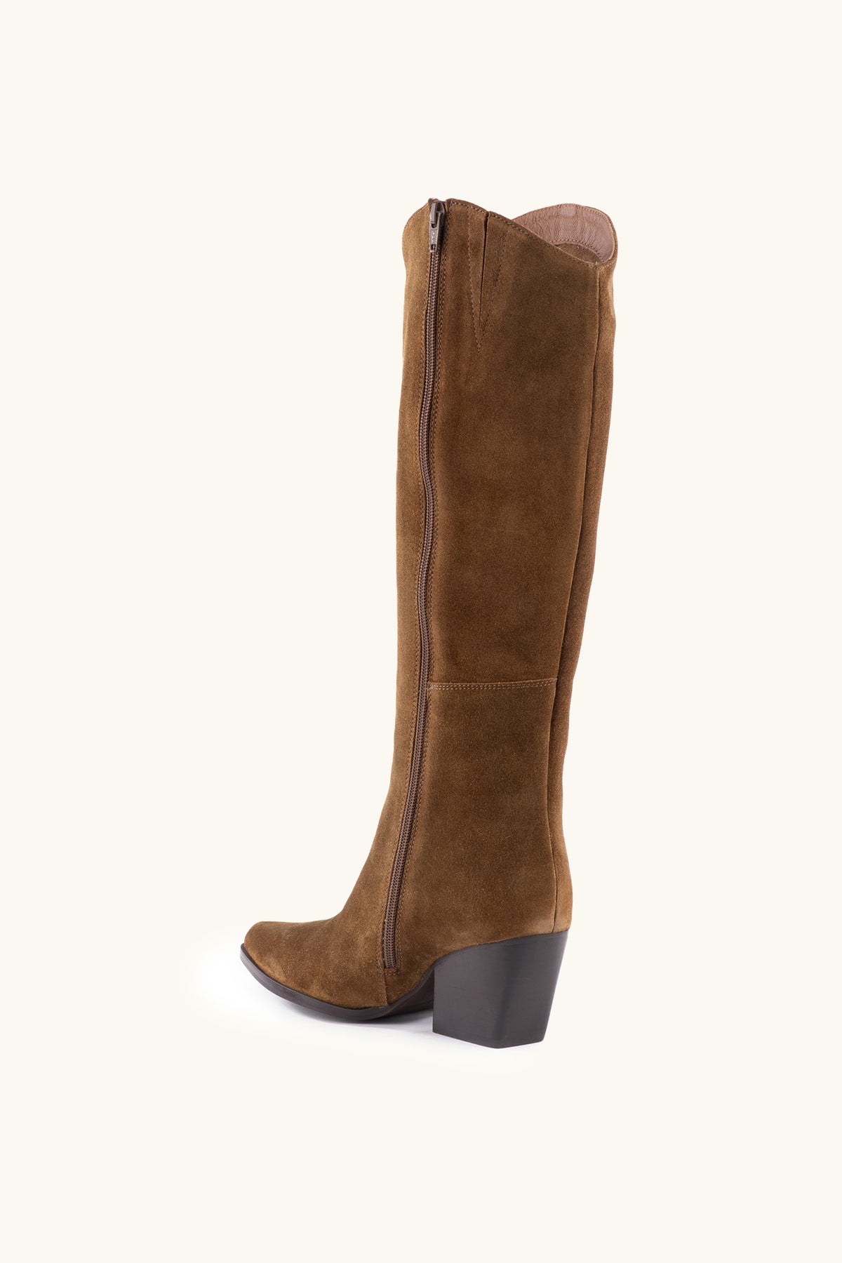 The Begging You Tall Brown Suede Boot With Pointed Toe features a side zipper, chunky mid-height stacked block heel, and is shown in rich brown suede on a neutral background.