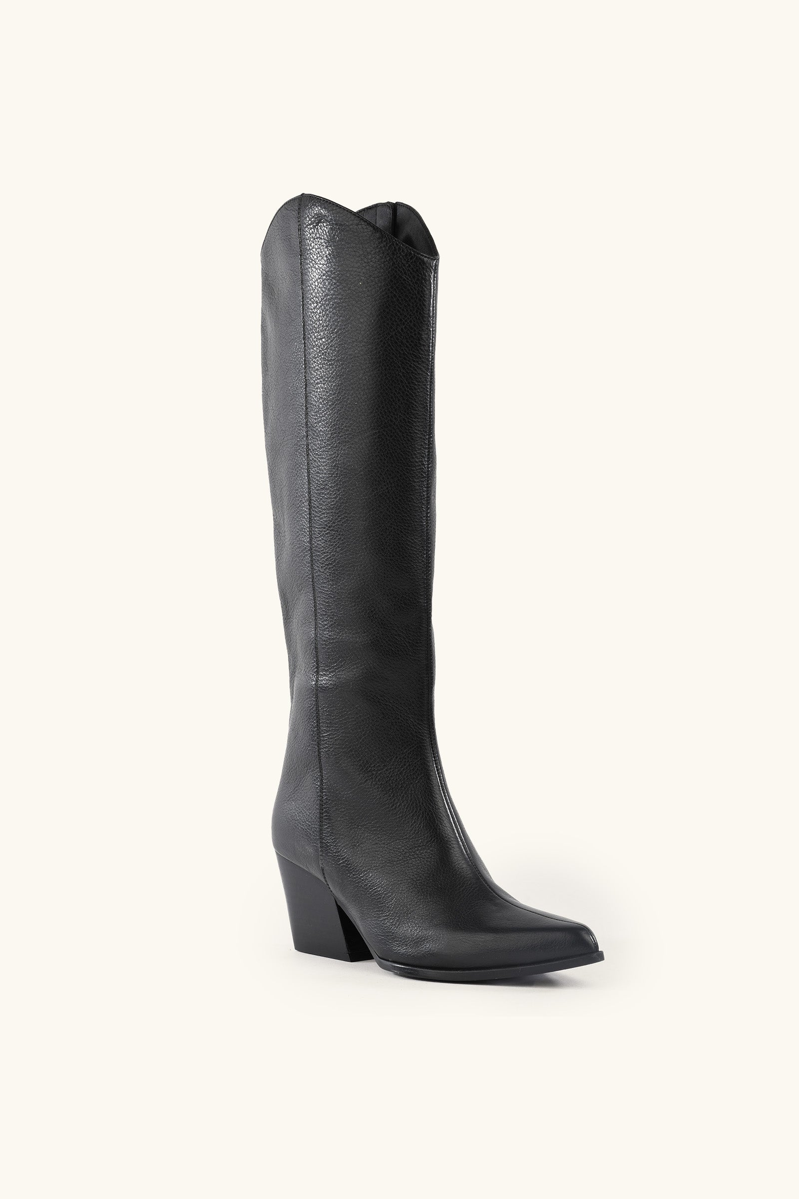 The Begging You Leather Boot is a single black leather cowboy boot with a pointed toe, mid-height angled heel, and tall shaft, displayed upright on a plain light background.