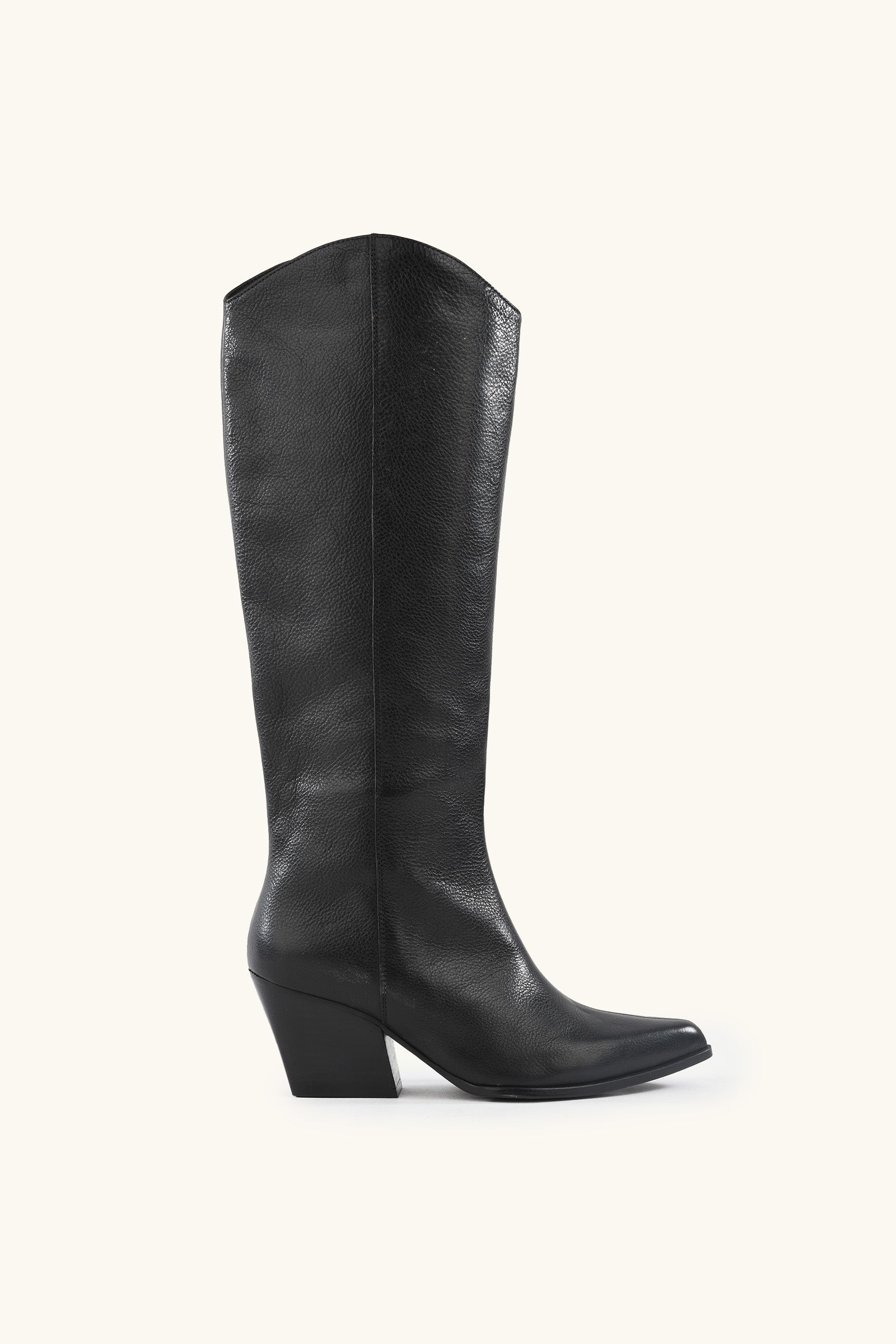 The Begging You Leather Boot is a tall black cowboy boot with a pointed toe, mid-height angled heel, and a slightly curved top edge, displayed in profile against a plain light background.