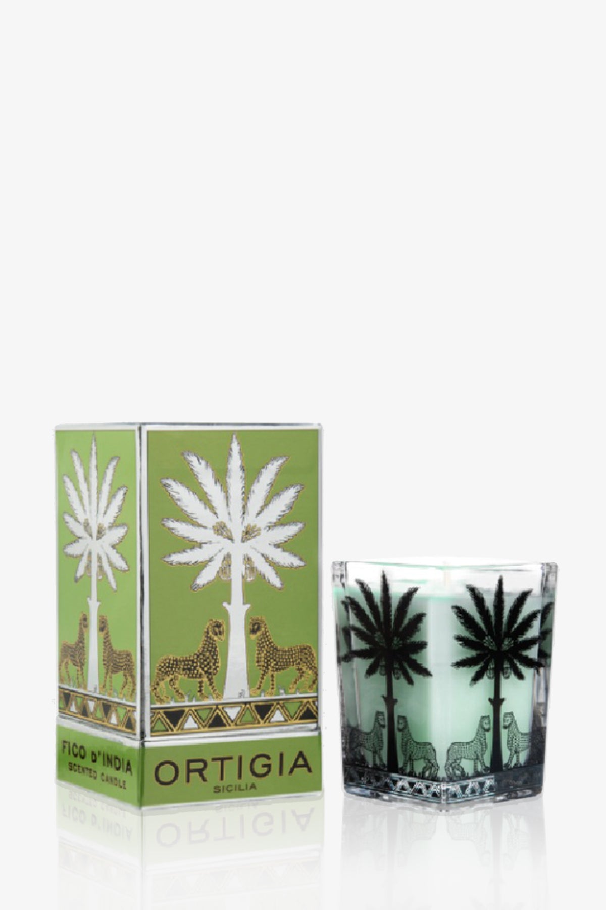 An Ortigia Candle Large Square in green, presented with a matching box, both featuring black palm tree and gold leopard designs on a light green background.