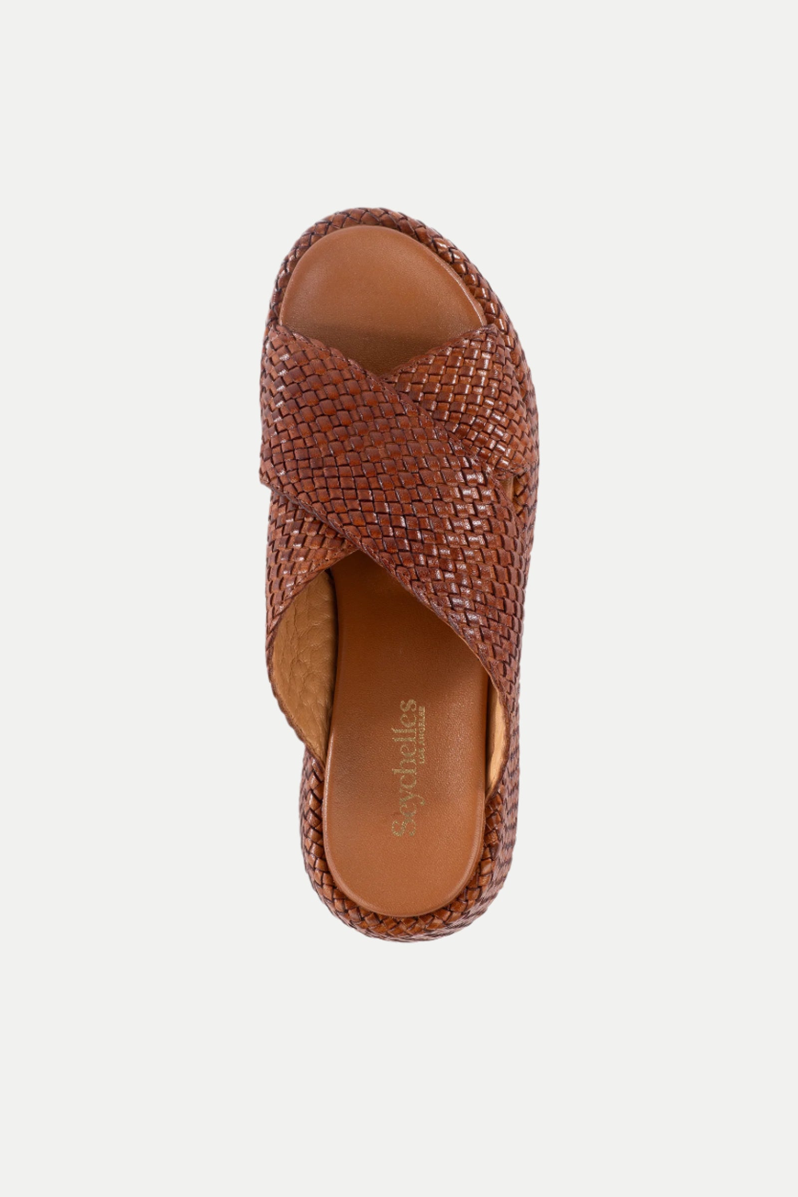 A single Key West Woven Leather Platform Slide Sandal in brown, featuring wide crisscross woven leather straps, is shown from above on a plain white background.