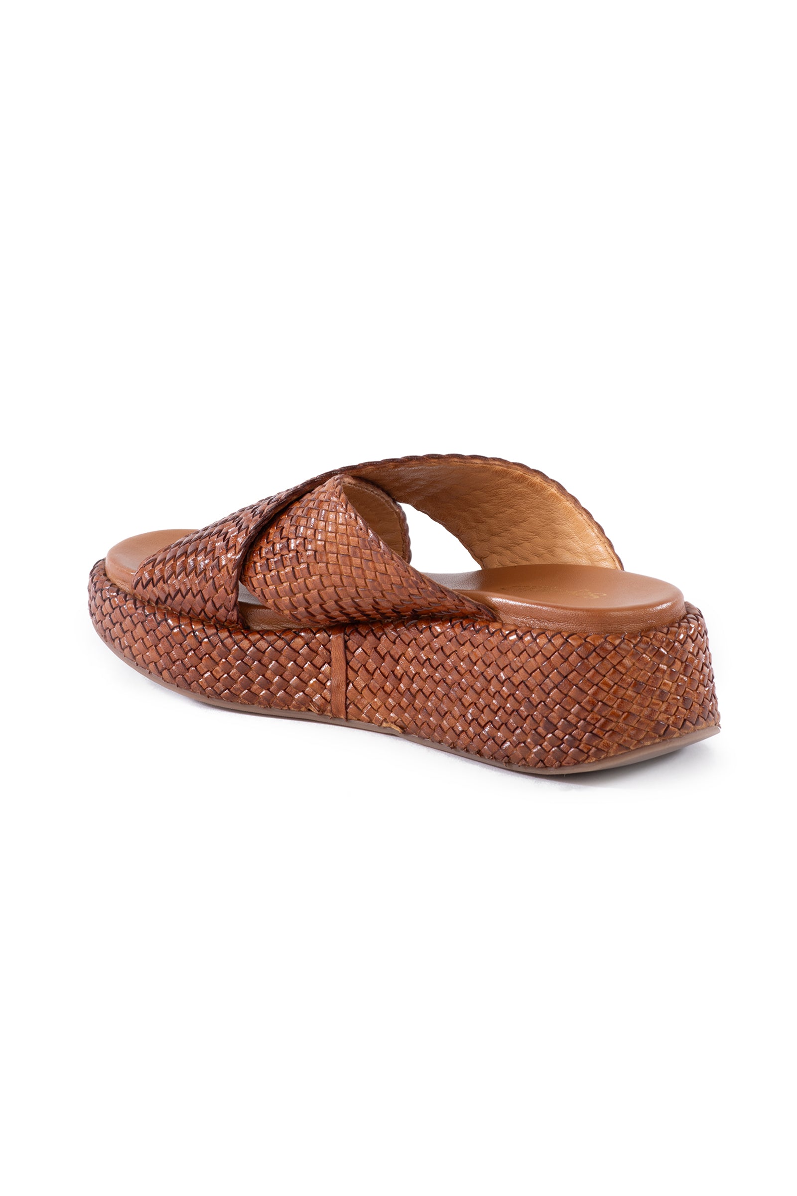 The Key West Woven Leather Platform Slide Sandals feature brown woven leather, wide crisscross straps, and a thick platform sole, shown from the back and side against a white background.