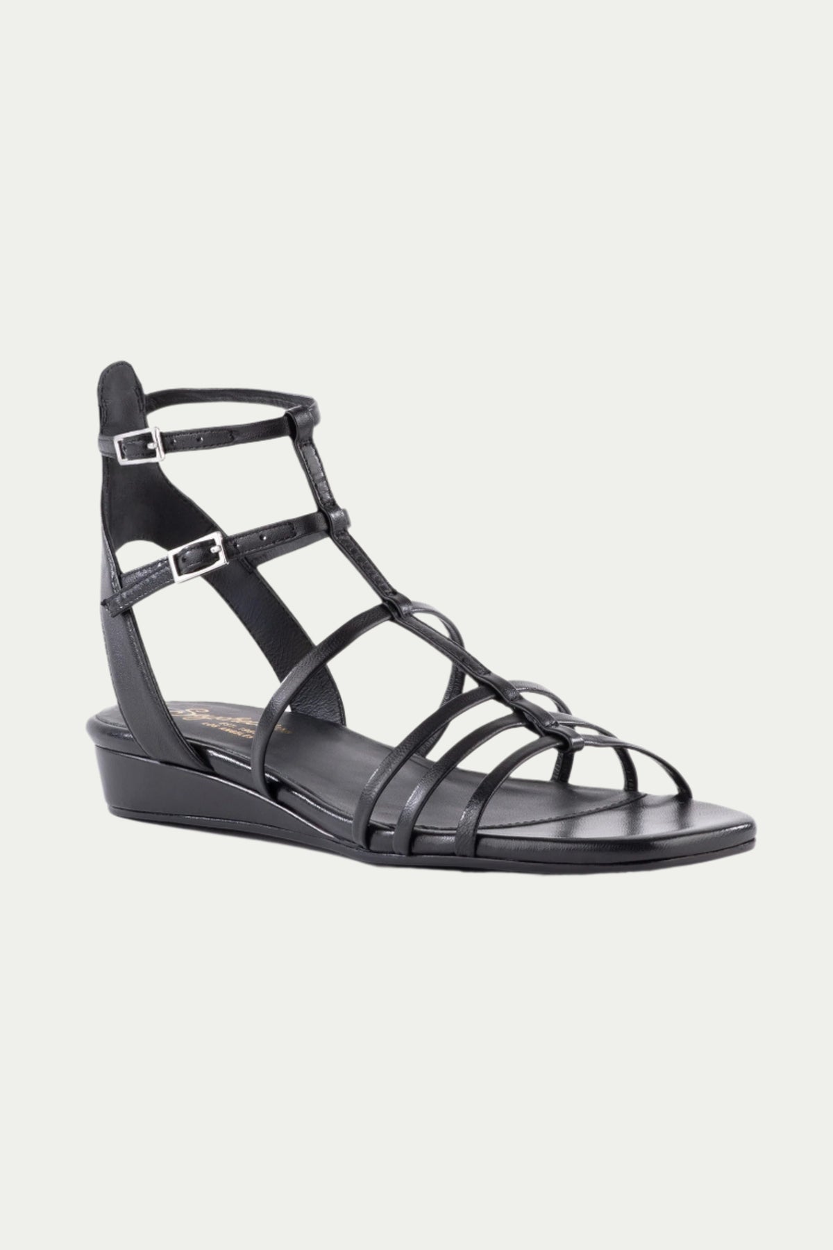 The Luxurious Wedge Sandal in black leather features thin gladiator-style straps, a closed heel, ankle buckle closures, and a low wedge sole, shown against a plain white background.